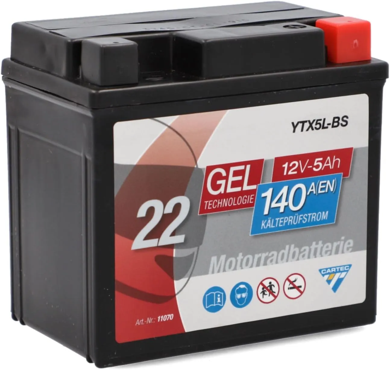CARTEC Motorradbatterie YTX5L-BS, 5Ah, 140A, Gel Technologie Motorrad-Starter-Batterie, Erstausrüsterqualität, zyklenfe…