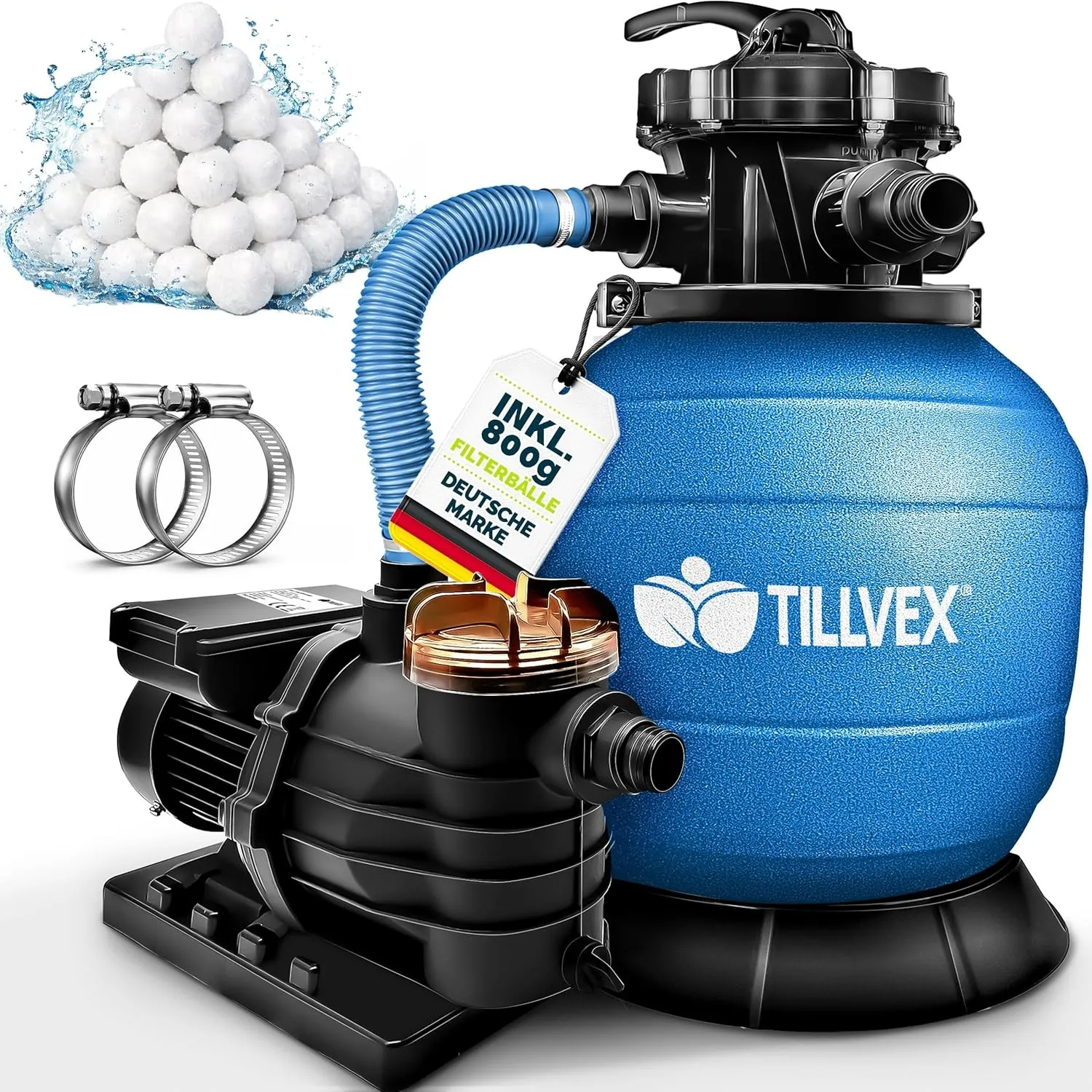 tillvex Sandfilteranlage Pool 10 m³/h inkl. 800g Filterbälle | Filteranlage 7-Wege Ventil & 2in1 Adapter Ø32mm - 38mm |…