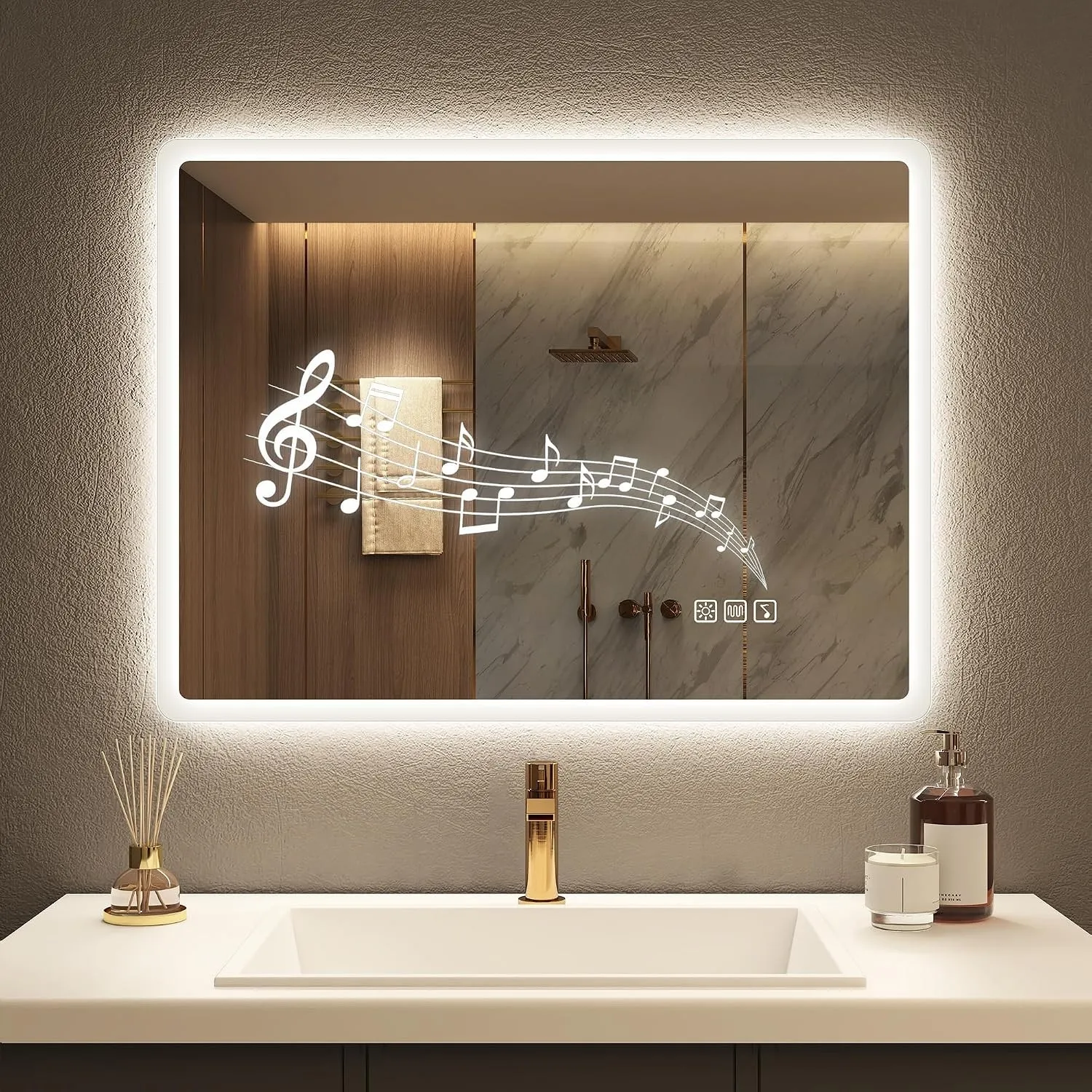 STARLEAD Bluetooth Badezimmerspiegel-mit-Beleuchtung 80x60cm, Dimmbar, 3 Lichtfarben, LED-Spiegel-Bad mit Entfoggen, Sp…