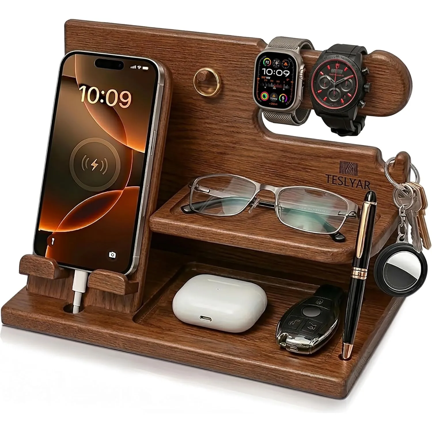TESLYAR Organizer Schreibtisch Holz Handy Ladestation Männergeschenke Papa