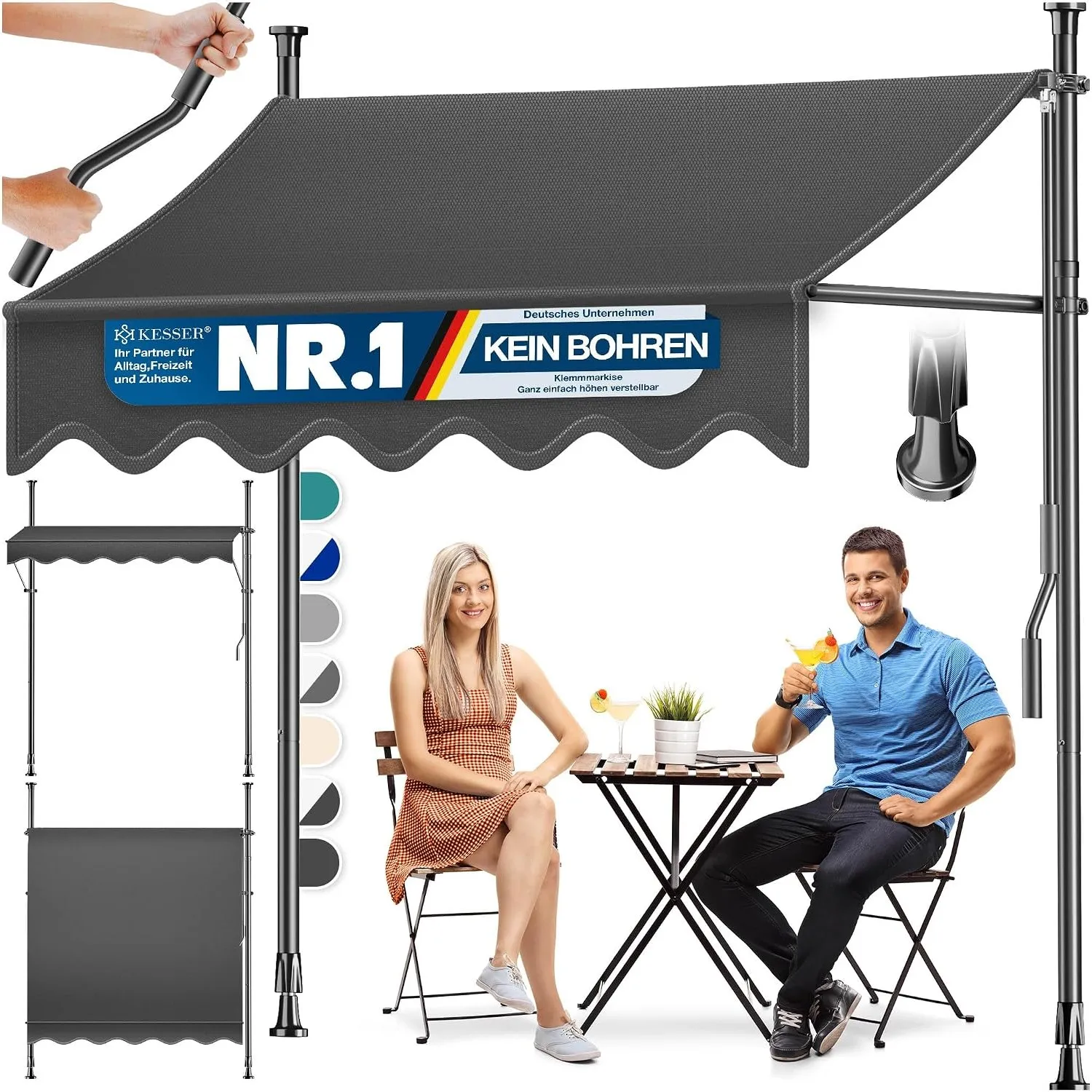KESSER® Sonnenschutz Markise manuell ausziehbar 400cm | Sonnensegel UV Schutz Sonnenschutz | Klemmmarkise für Outdoor, …