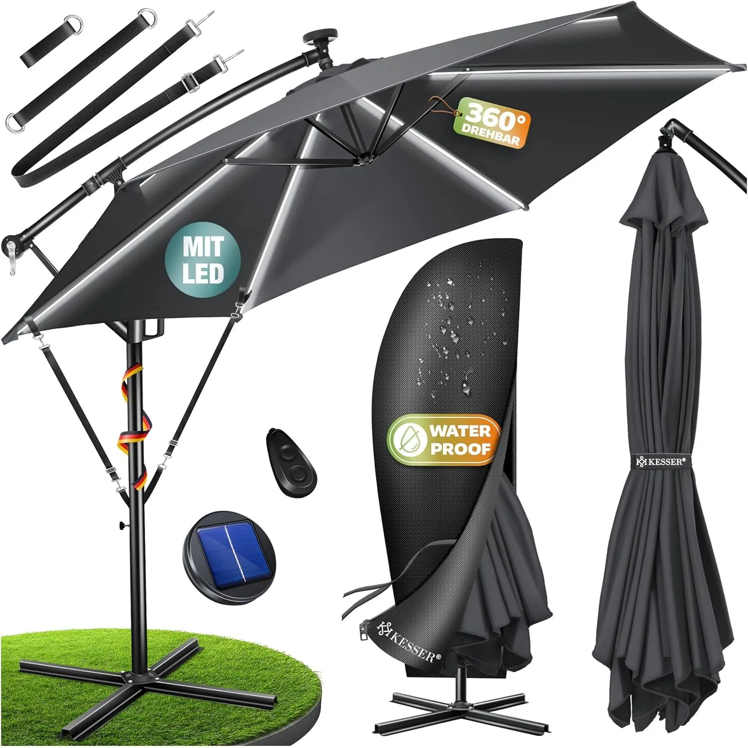 KESSER® Sonnenschirm Solar Ø 300 cm/Ø 350 cm mit LED Beleuchtung, Ampelschirm mit Kurbel, Garten, Sonnenschutz, Gestell…