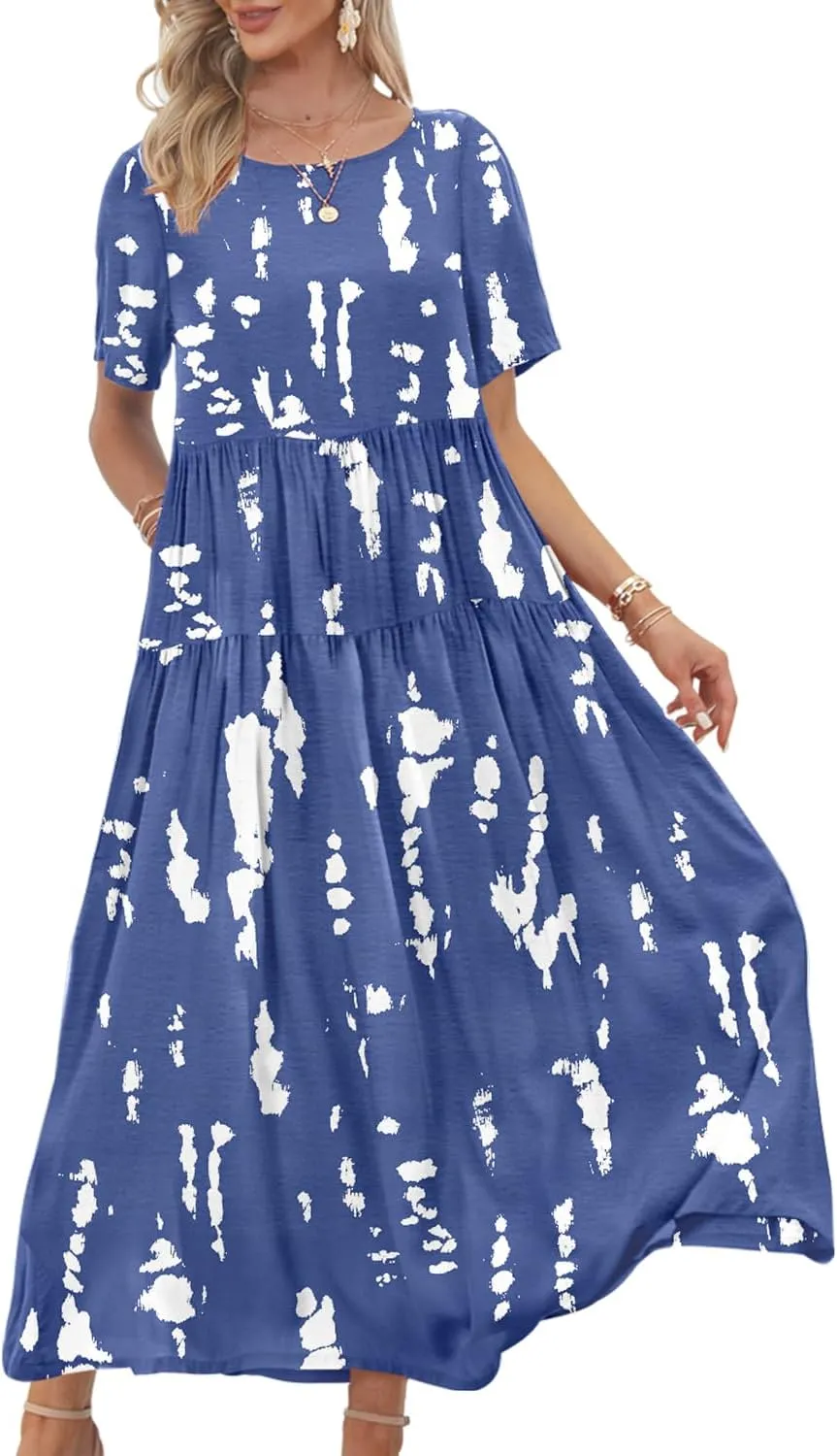 YESNO EJFDE Women's Casual Loose Summer Dress, Long Boho Round Neck Maxi Dress, Beach Dress, Flower Dress