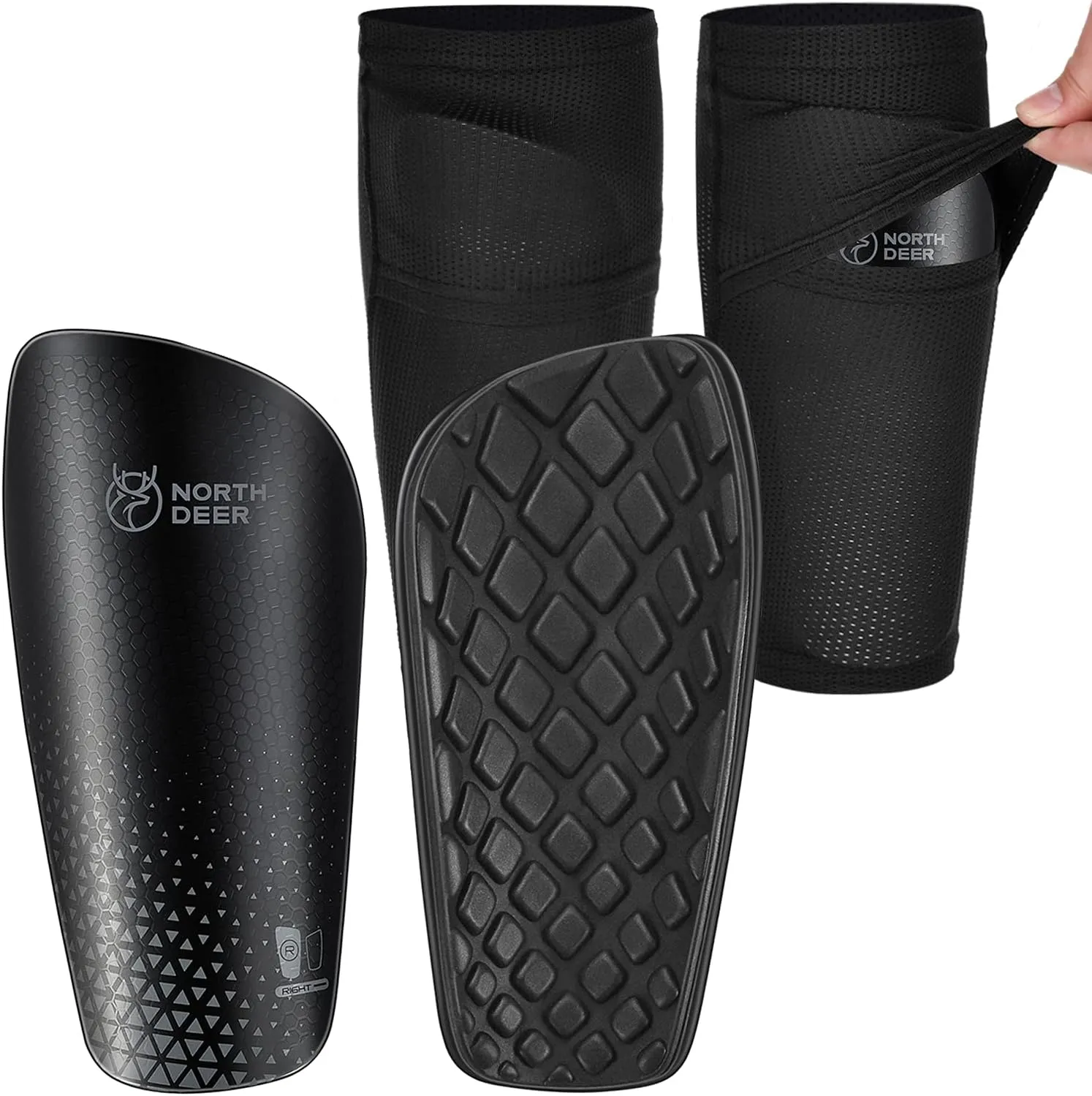 Northdeer Children's / Men's Shin Pads incl. Socks with Optimised Slip Pocket, Football Shin Pads for Inserting