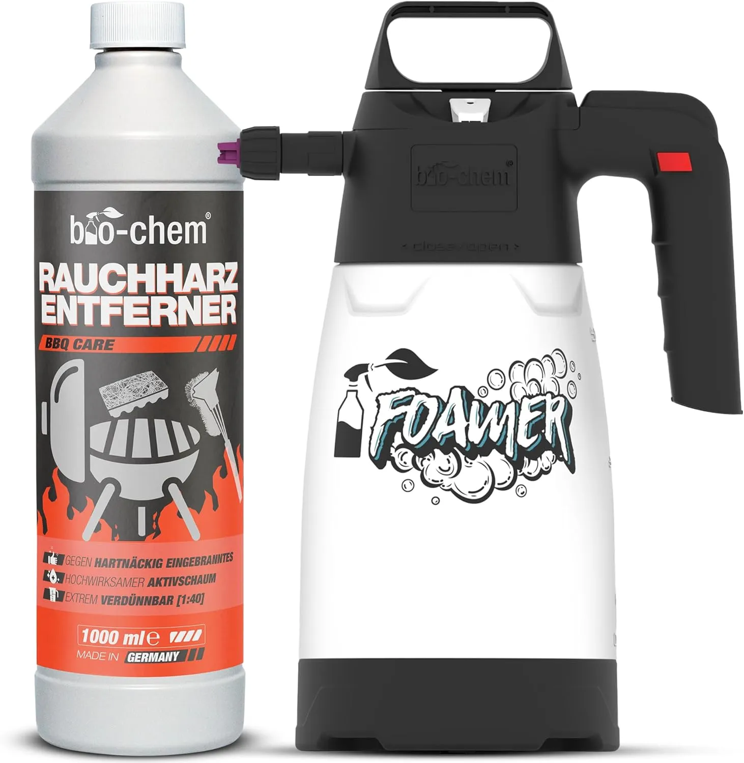 bio-chem Schaumsprüher & Rauchharz-Entferner 1L - Backofen- & Grillreiniger Konzentrat 1:40 inkl. Schaumkanone für Gasg…