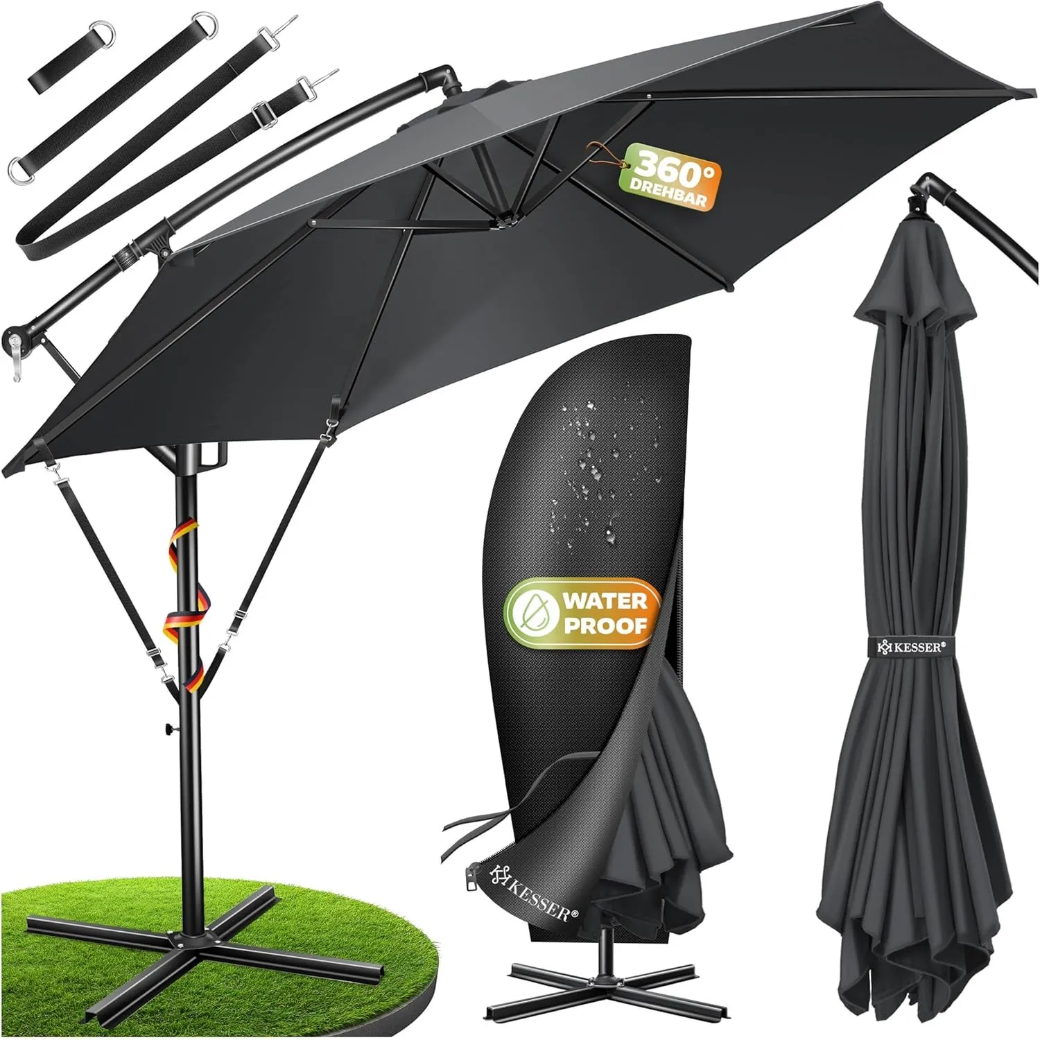 KESSER® Alu Ampelschirm Sonnenschirm + Abdeckung Ø300 cm & Kurbelvorrichtung Kurbelschirm mit Ständer UV-Schutz Alumini…