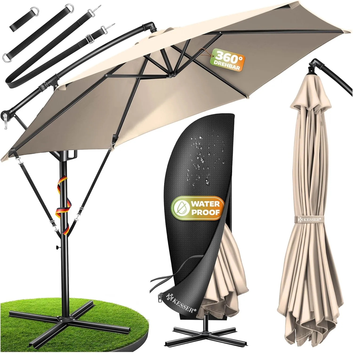 KESSER® Sonnenschirm Ø 300 cm, Ampelschirm mit Kurbel, für Balkon, Terrasse & Garten, Sonnenschutz, Gestell & Ständer a…