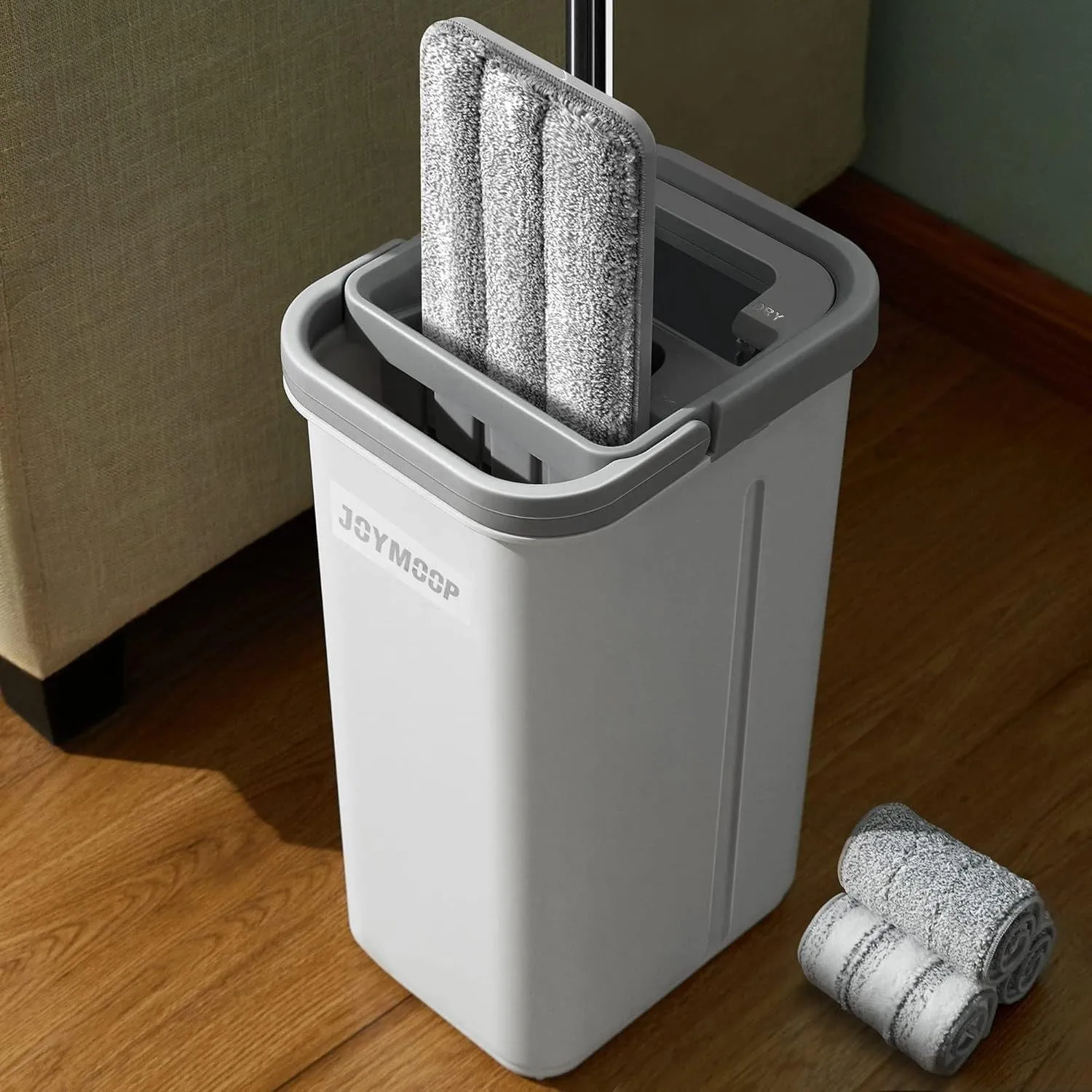 JOYMOOP Wischmopp und Eimer mit Auswringer-Set, freihändiger Flacher Bodenwischer und Eimer, mit 3 waschbaren Mikrofase…