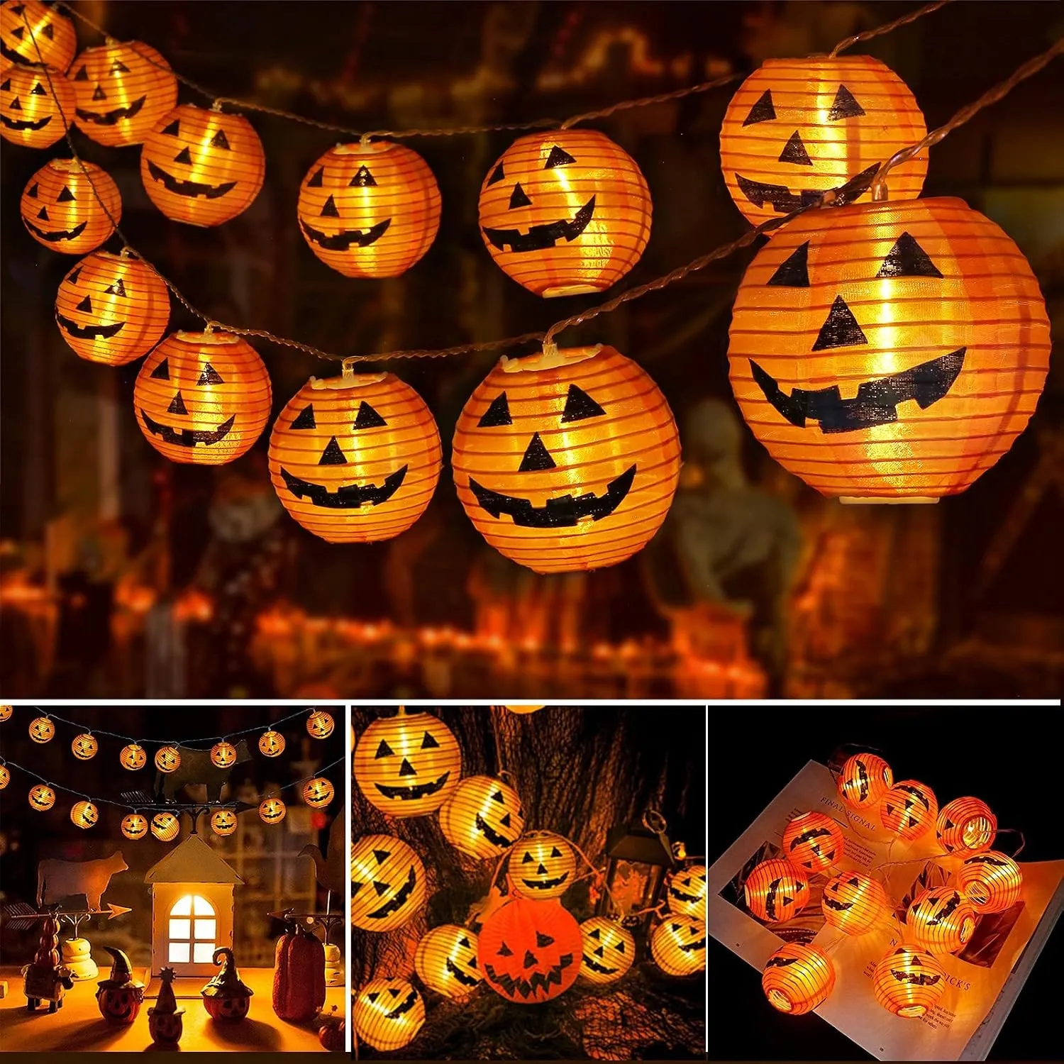 Qedertek Halloween Orange Kürbis Laternen Lichter, 4M/15ft 20 LED Orange Kürbis Beleuchtung, Wasserdicht 2 Modi Batteri…