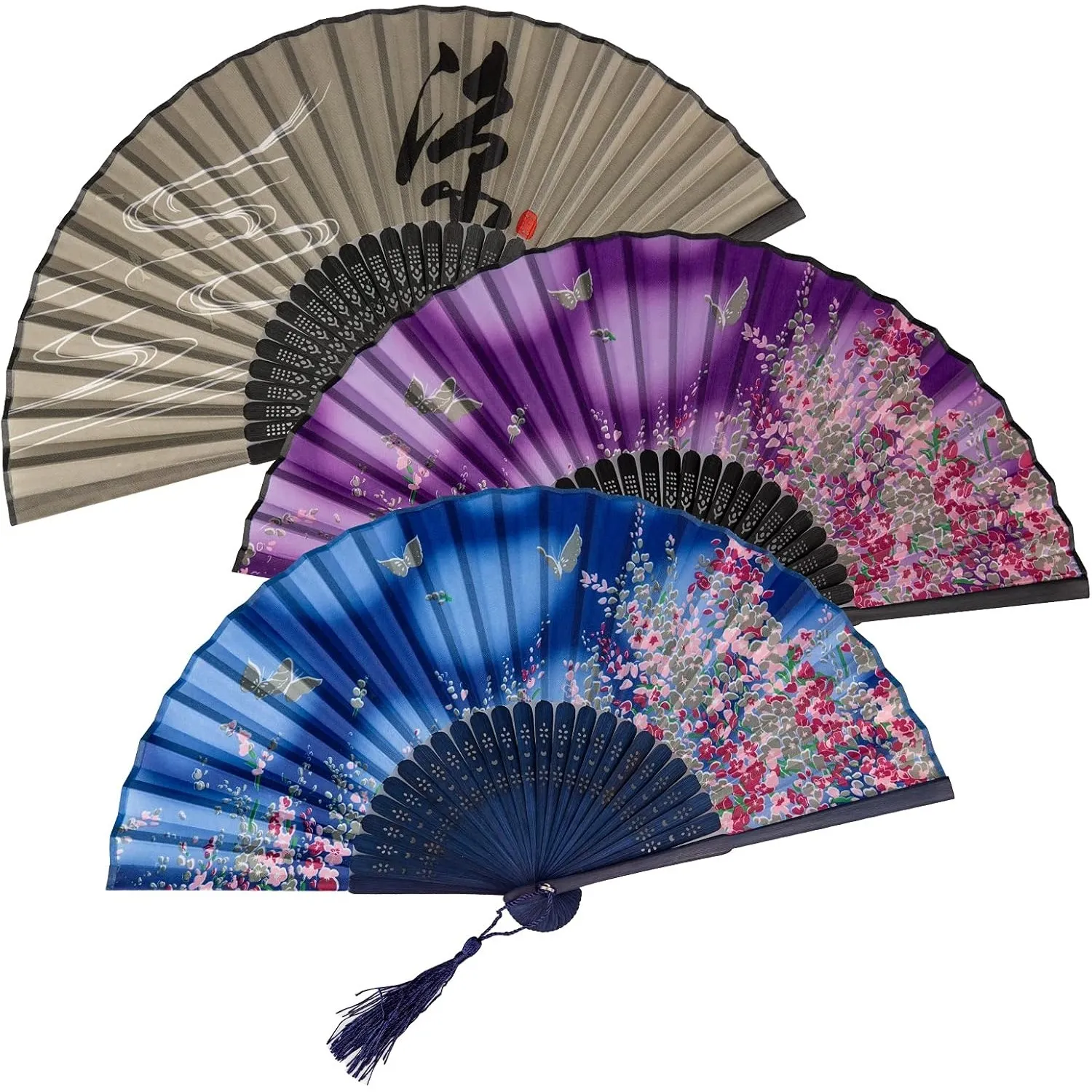 KIMI-HOSI 3 Stück Handfächer Hand Folding Fans Bambus Handheld Faltfächer Chinesische Folding Fans mit Quaste für Gesch…