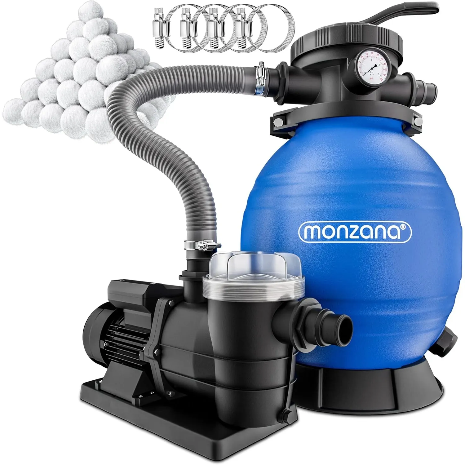 MONZANA® Sandfilteranlage SF96K 9.600L/h bis 30.000L Pool inkl Filterbällen 7 Wege Ventil 2in1 Adapter Ø32-38mm 400W Fi…
