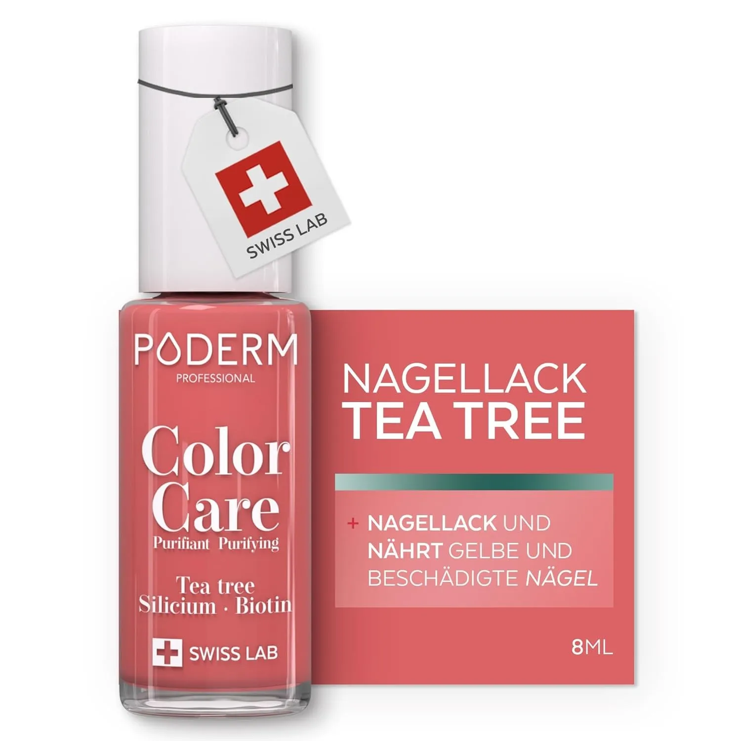 PODERM Pflegelack mit Tea Tree - Korallenrosa | Swiss Lab - 8ML | Angereichert mit Tea Tree, Silizium & Biotin | Reinig…