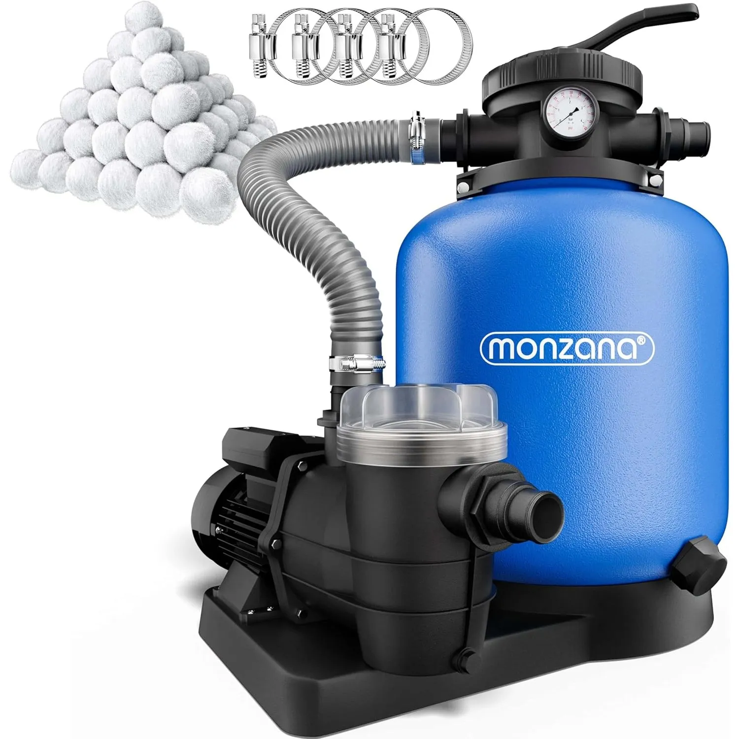 MONZANA® Sandfilteranlage SF110K 13.200L/h bis 58.000L Pool inkl Filterbällen 7 Wege Ventil 2in1 Adapter Ø32-38mm 600W …