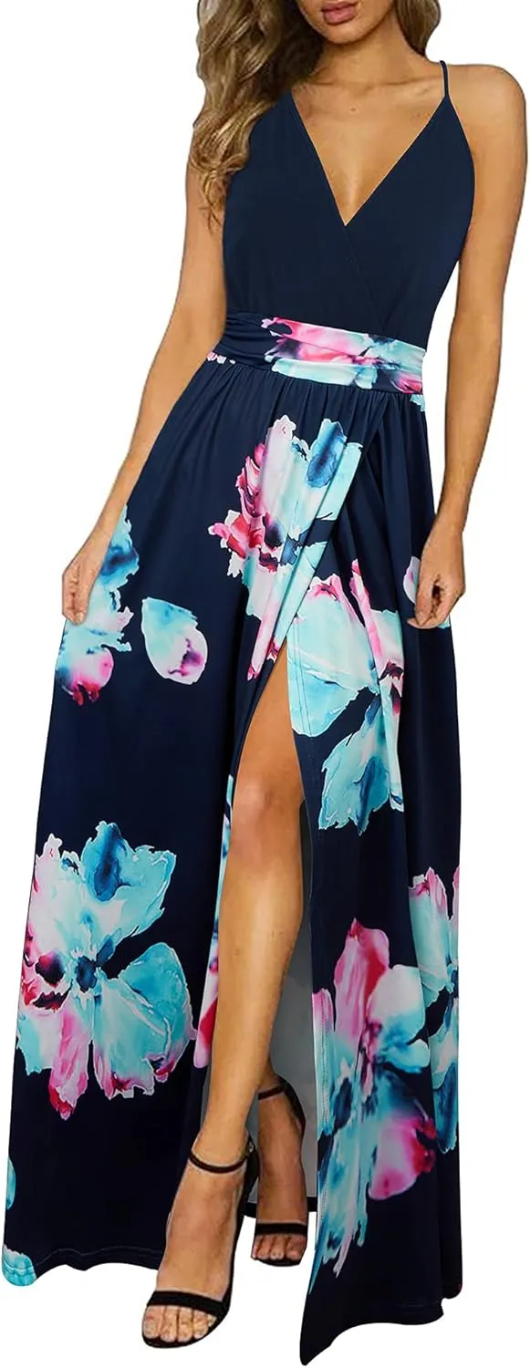 Newshows Women’s Summer Dress, Long Maxi Dress, Summer V-Neck Dress, Slit, Elegant, Spaghetti Straps, Casual Dress, for…