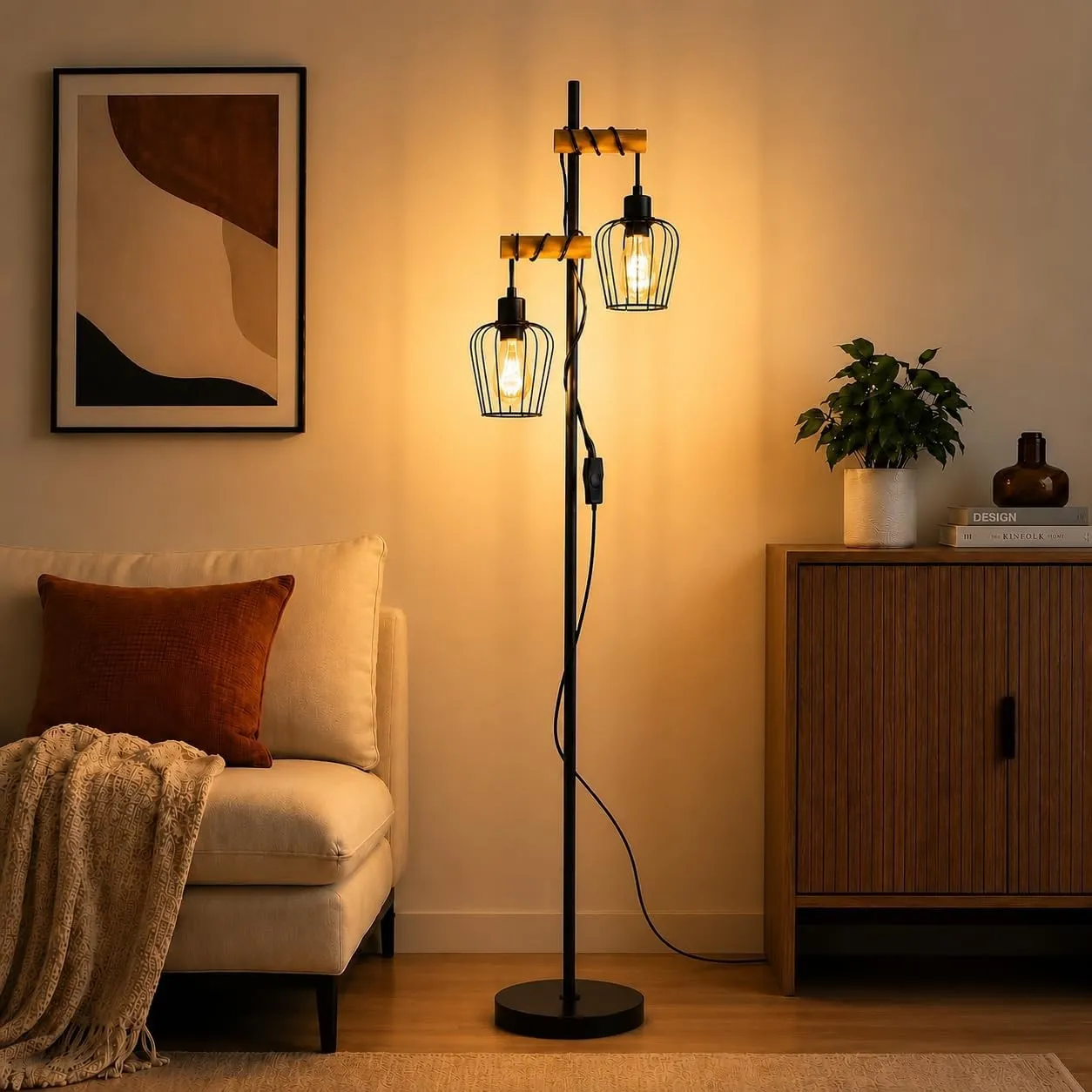 ZMH Stehlampe Wohnzimmer Holz Vintage Stehleuchte 2 flammig in Schwarz