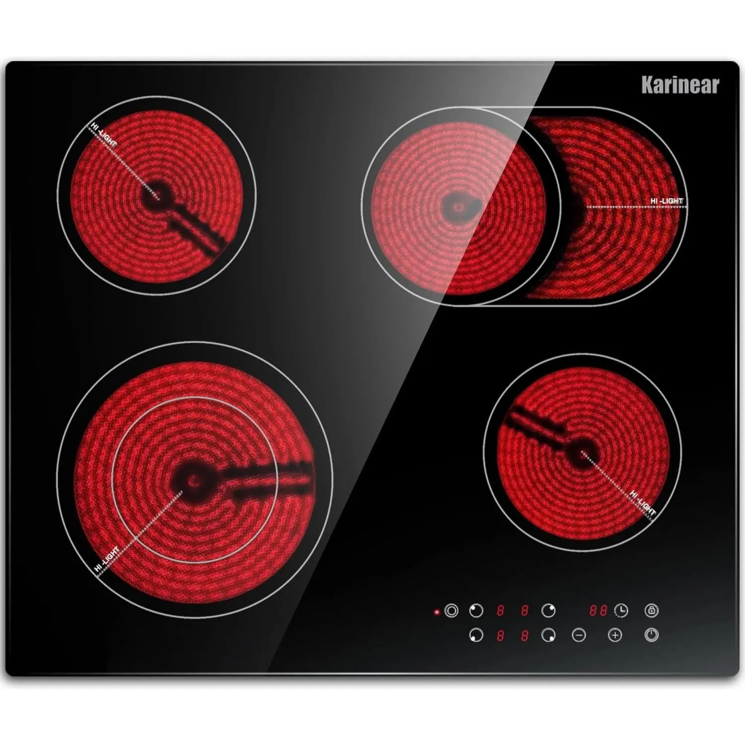Karinear Kochfeld 4 Platten 60 cm, 6600W Touch, Ovalzone & Doppelringzone | Autark Glaskeramikkochfeld 4 Platten，99 Min…
