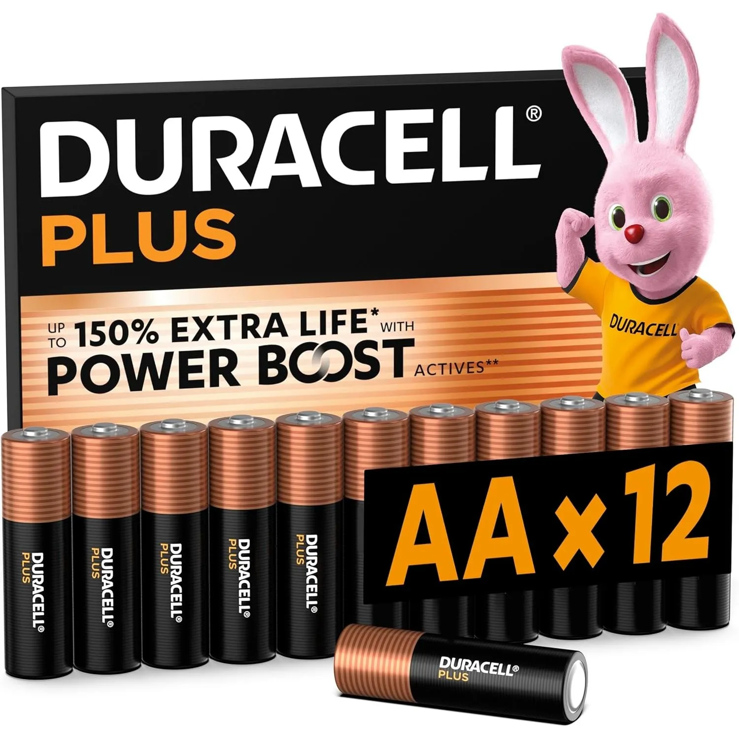 DURACELL Plus AA Alkaline-Batterien (12 Stück) 1.5V, LR06 | Bis zu 150% längere Lebensdauer mit POWER BOOST Actives - G…
