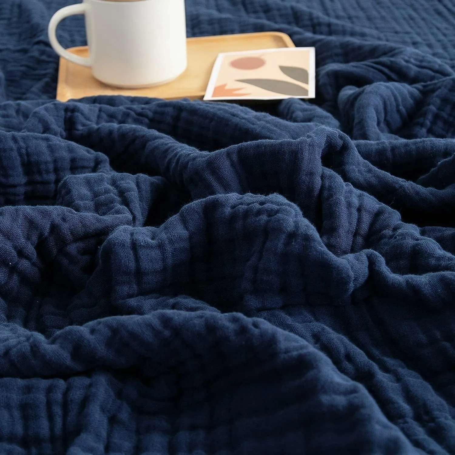 EMME Musselin-Decke 150x200 Baumwolle Oeko-TEX Erwachsene Tagesdecke,Navy | Sommer-Überwurf Decken Für Couch Atmungsakt…