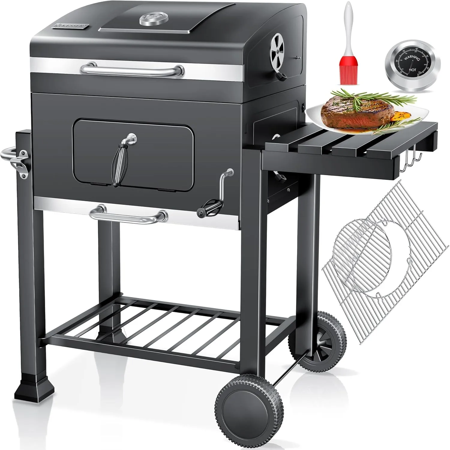 KESSER® Grill Grillwagen BBQ Smoker XL Holzkohlegrill mit Deckel, Rädern, Edelstahl-Griff, Grillrost, Thermometer, & Si…