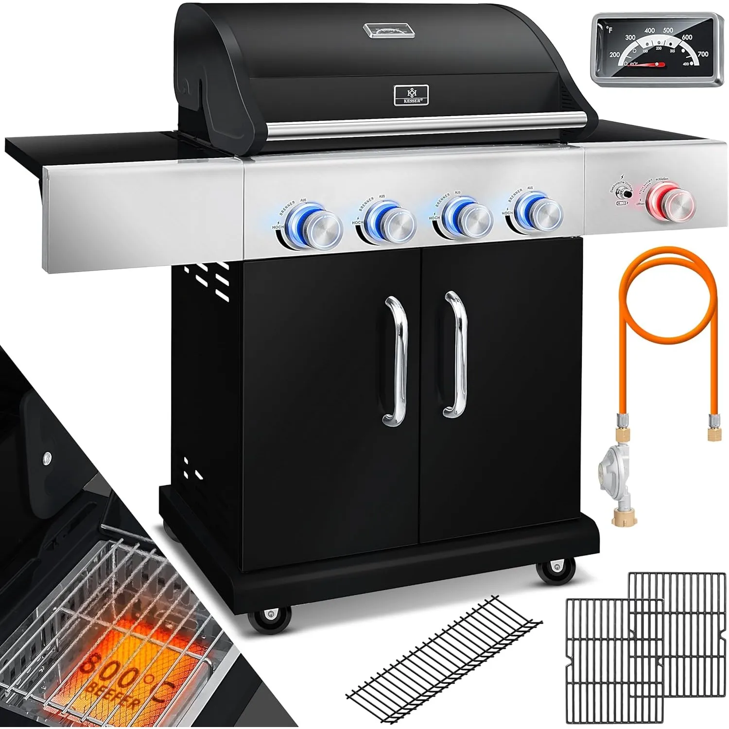 KESSER® Gasgrill mit 4 Brenner + 1x Infrarot Keramik Seitenbrenner & Piezo-Zündung | bis 800°C BBQ Grillwagen aus Edels…