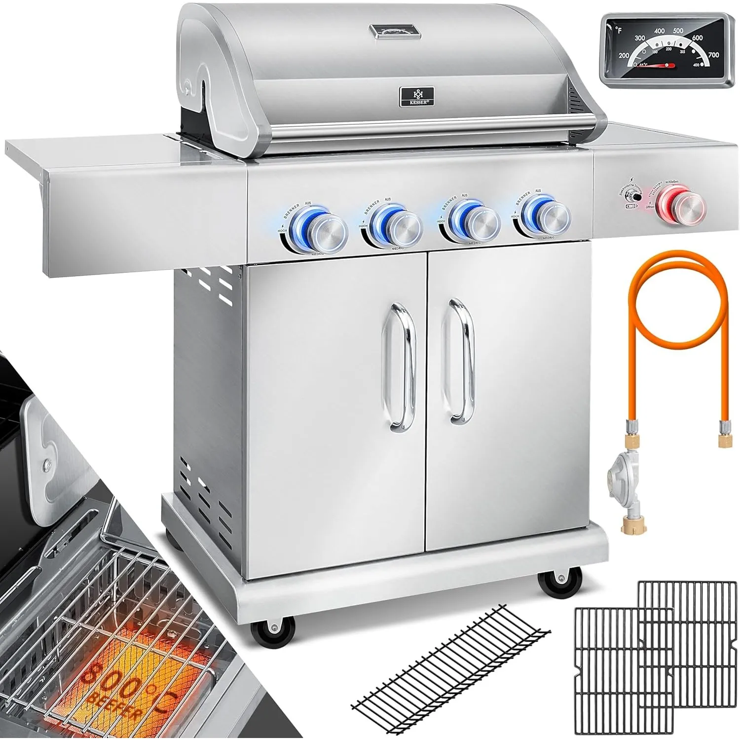 KESSER® Gasgrill mit 4 Brenner + 1x Infrarot Keramik Seitenbrenner & Piezo-Zündung | bis 800°C BBQ Grillwagen aus Edels…