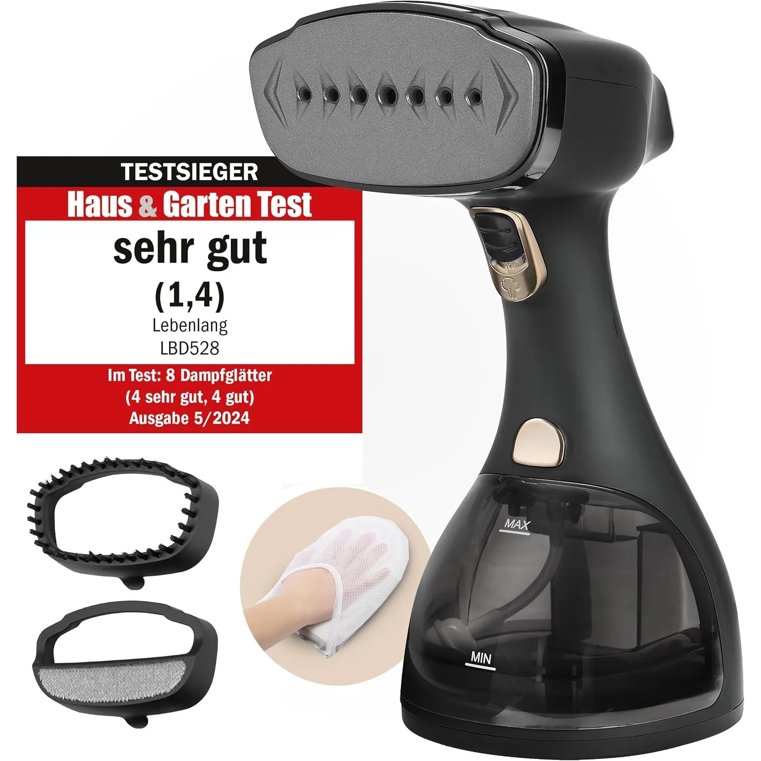 LEBENLANG Steamer Dampfglätter TESTSIEGER - 1500W & 300ml I Schwarz | Inkl. Bügelhandschuh & Aufsätze I Pro Dampfsteame…