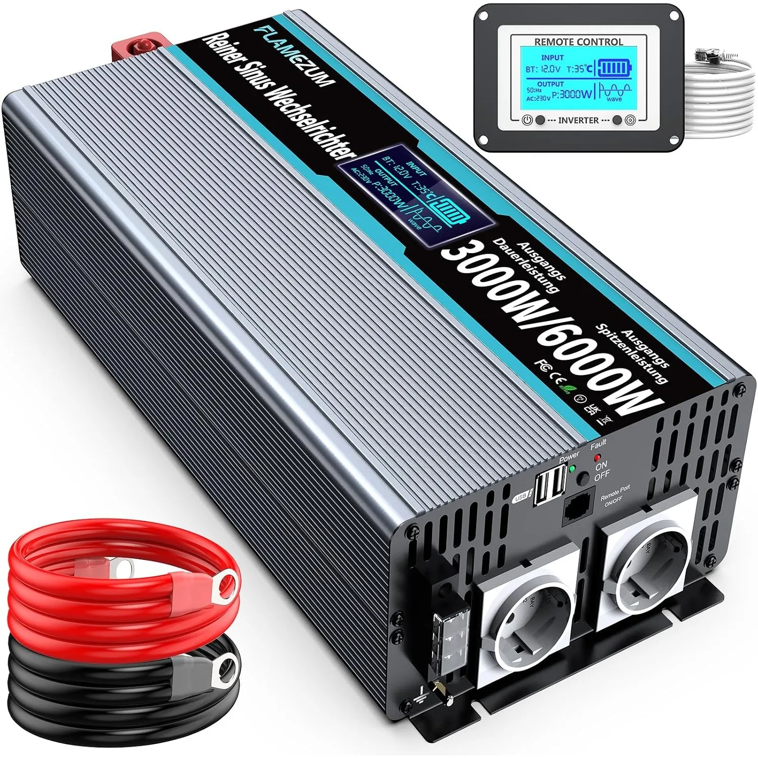 FLAMEZUM 3000W/6000W Reiner Sinus Spannungswandler 12V auf 230V Wechselrichter Power Inverter mit Fernbedienung LED-Anz…