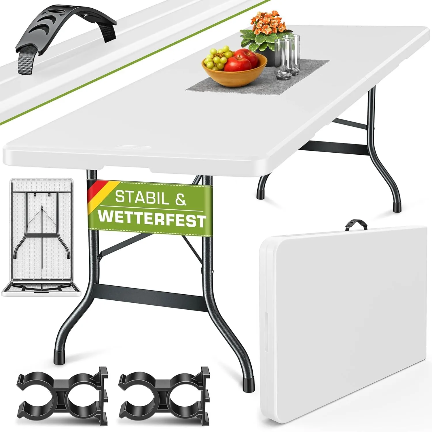 tillvex® Gartentisch klappbar Kunststoff 180x75cm Wetterfest + Tragegriff