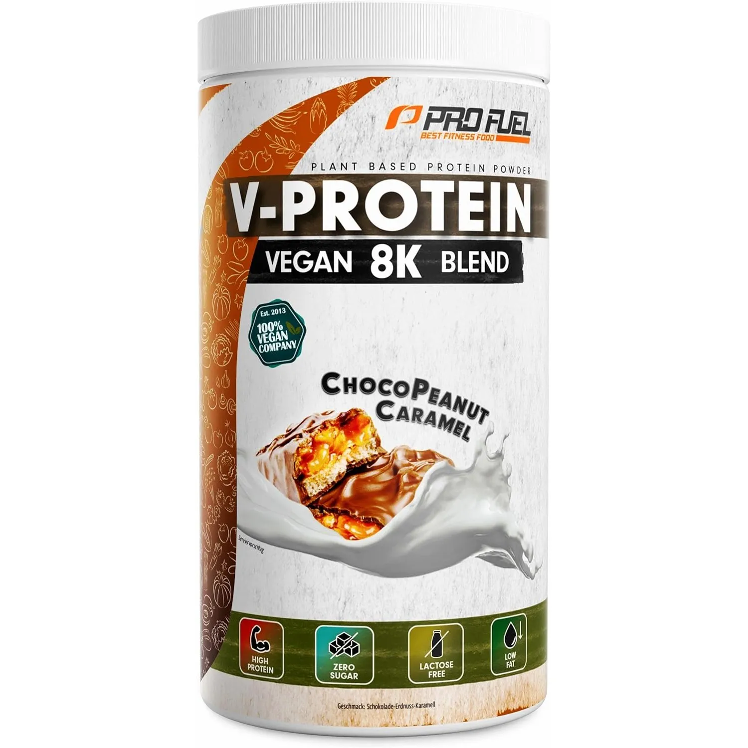 Vegan Protein – CHOCO PEANUT CARAMEL (750g) - V-Protein 8K Blend - lecker & cremig - mit 8 Protein-Quellen aus Sonnenbl…