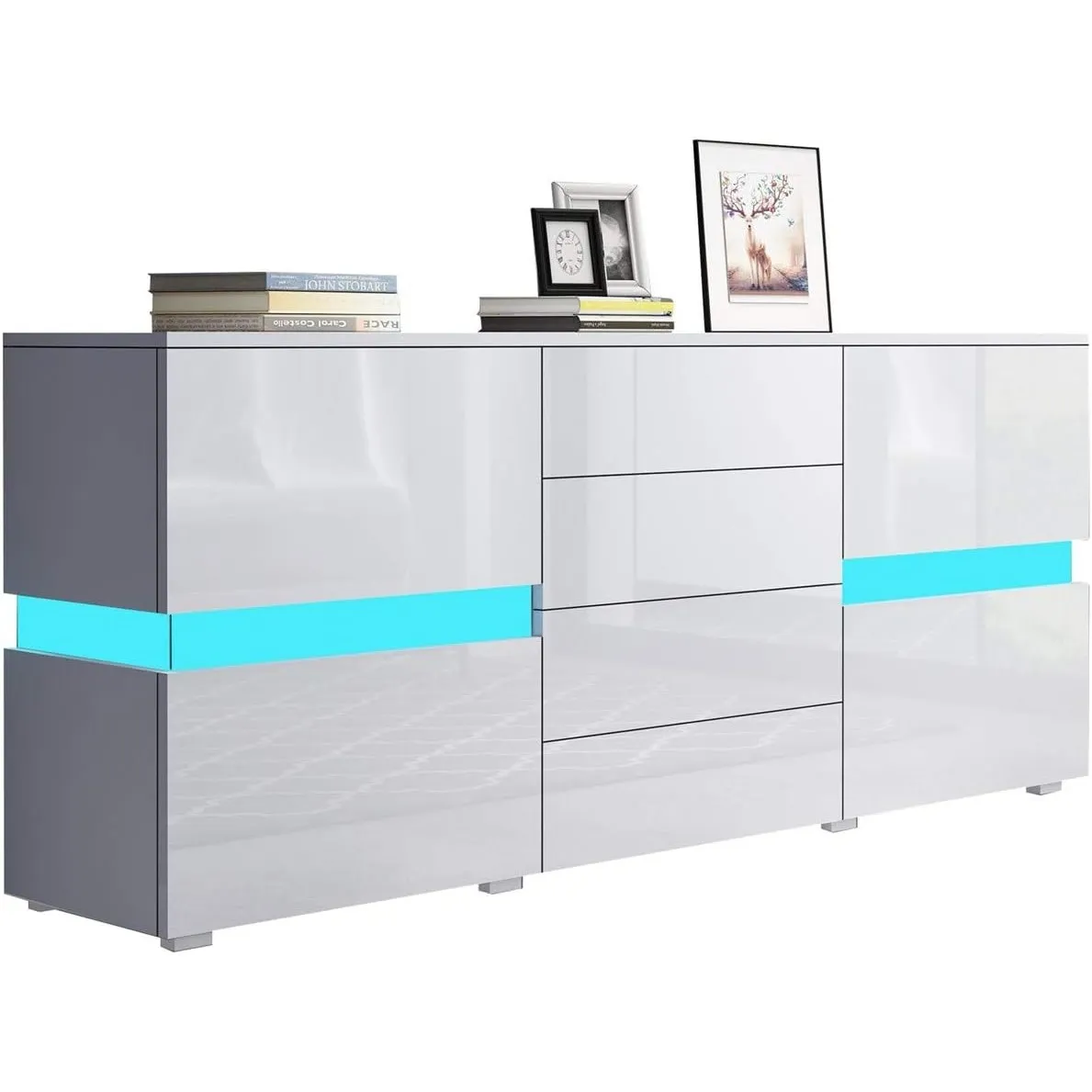 Sideboard Kommode in Hochglanz Weiß Highboard Anrichte Standschrank mit 2 Türen 4 Schubladen und LED Beleuchtung 177 cm…