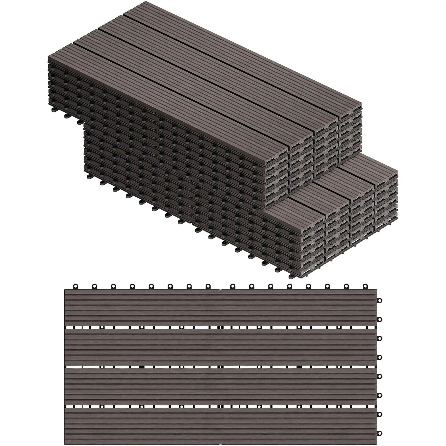 WOLTU WPC Fliese, Terrassenfliesen Holz-Optik, Bodenbelag mit Klicksystem, 30 x 60 cm, Kaffeebraun (12 Stück / 2 m²)