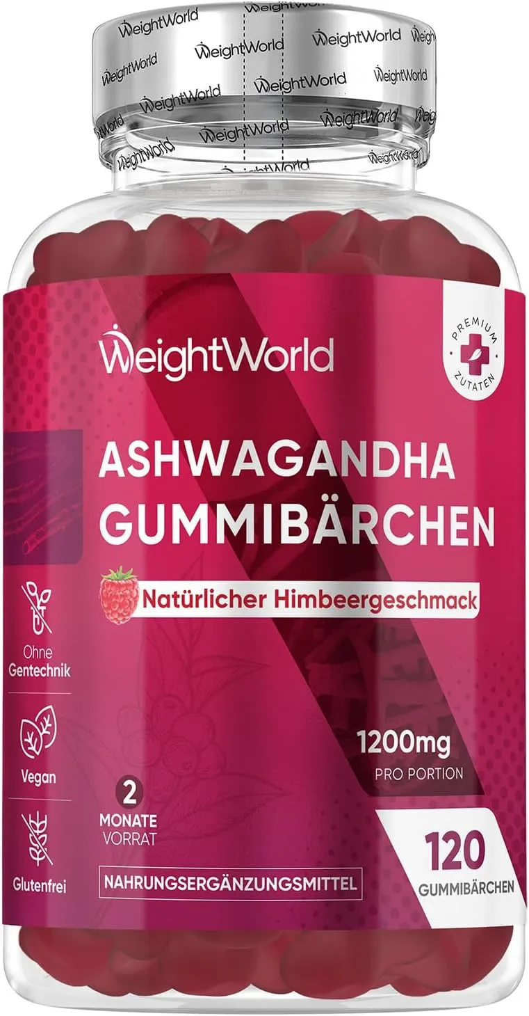Ashwagandha Gummies - 1200mg pro Portion - 120 Vegane Gummibärchen - 2 Monate Vorrat - Natürlicher Himbeergeschmack - A…