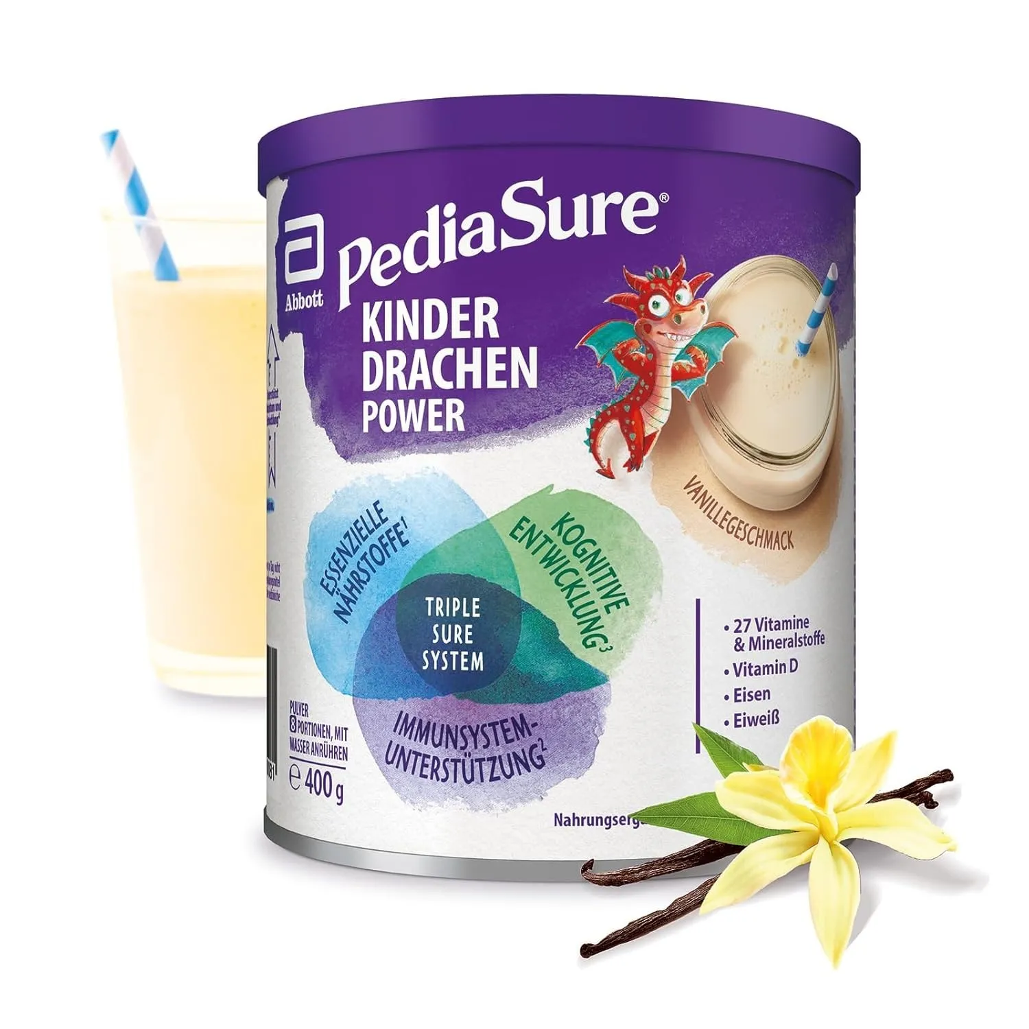Pediasure Kinder Drachen Power Vanille 400g| leckerer Nahrungsergänzungsshake für Kinder ab 1 Jahr|mit 27 Vitaminen & M…