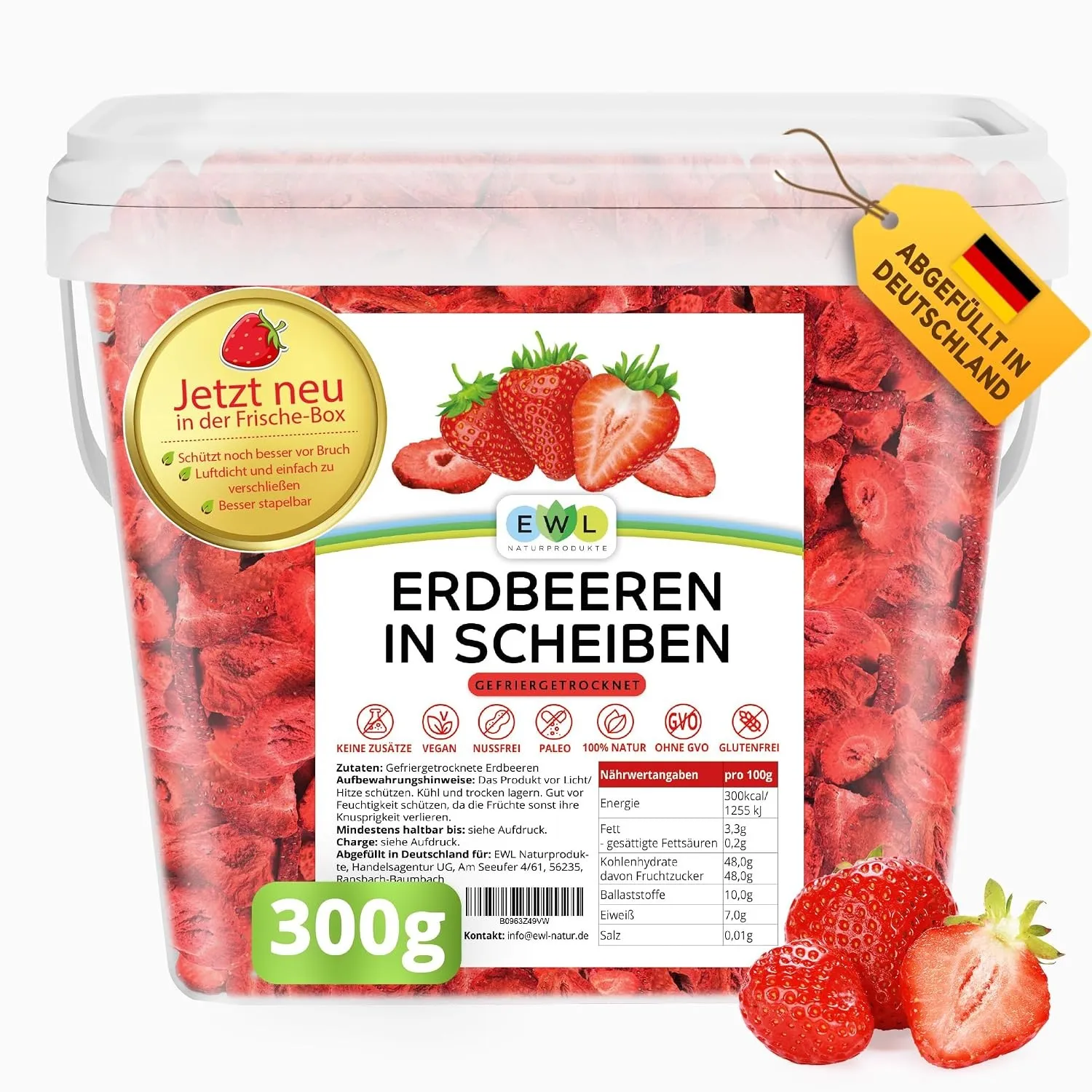 EWL Gefriergetrocknete Erdbeeren 300g | 100% Frucht | Ohne Zucker | Eimer