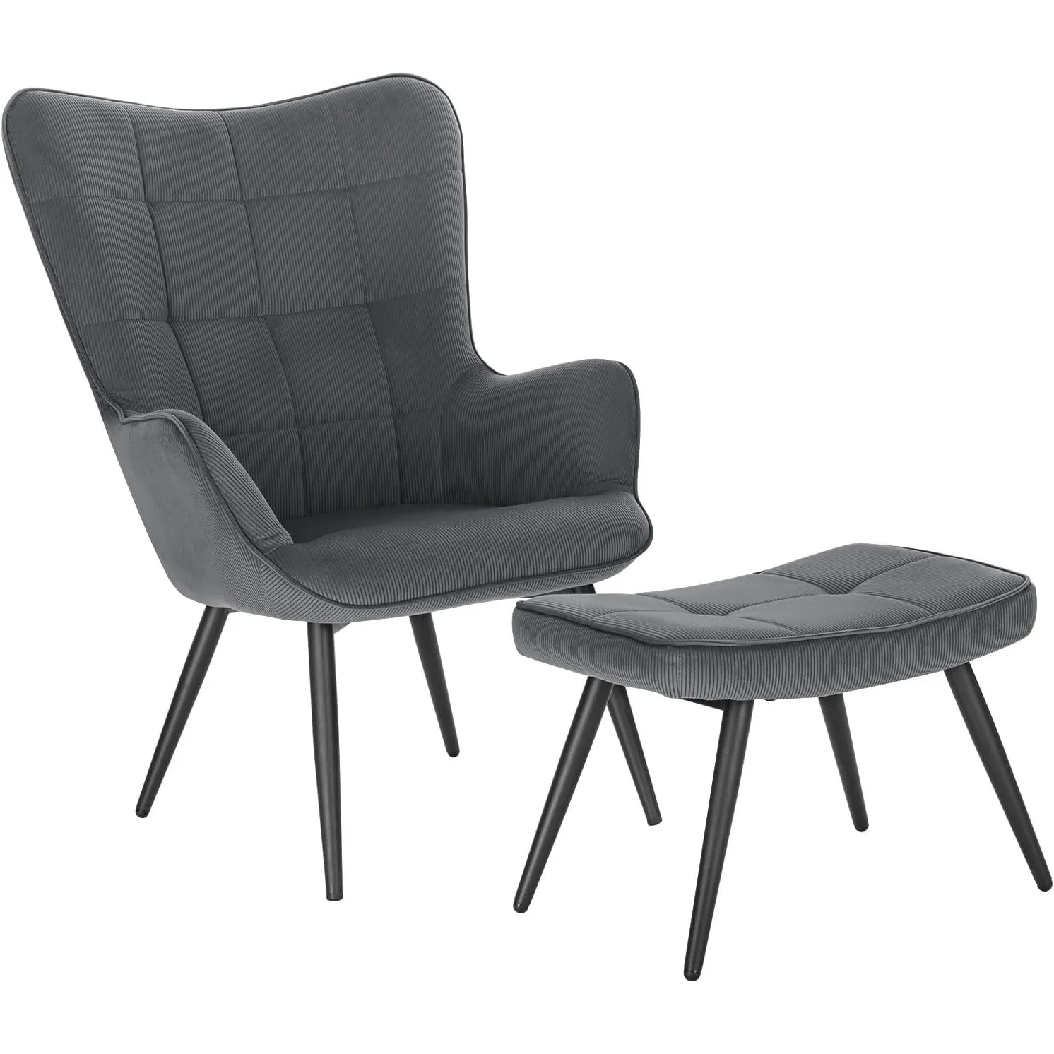 WOLTU Ohrensessel mit Hocker, Relaxsessel mit Polster, Dunkelgrau | Armsessel Vintage, Cordsamt, Schaumstoff, Metall, f…
