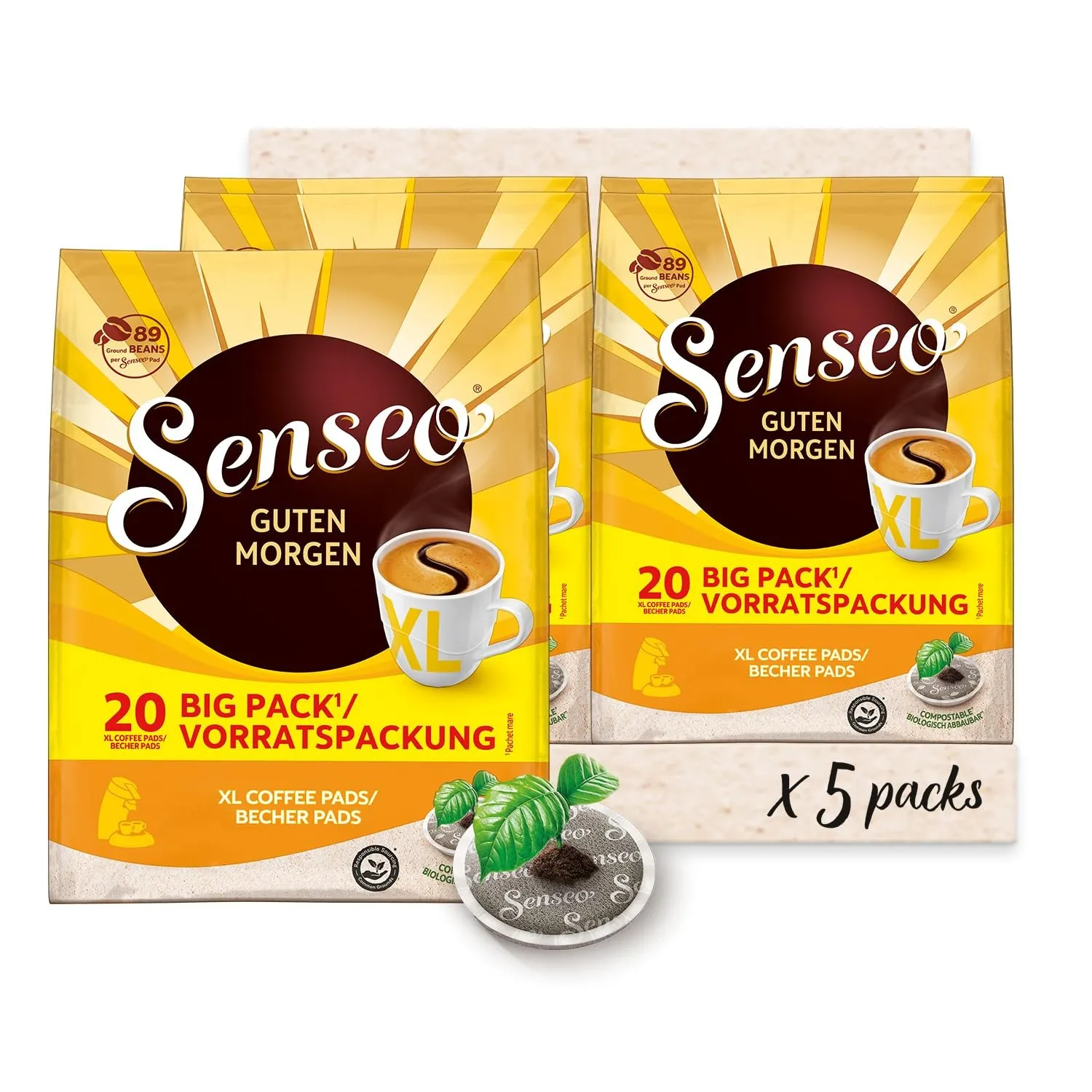 Senseo Pads Guten Morgen XL, Vorratspackung, 5 x 20 Getränke, 100 Kaffeepads, Kräftige Röstung