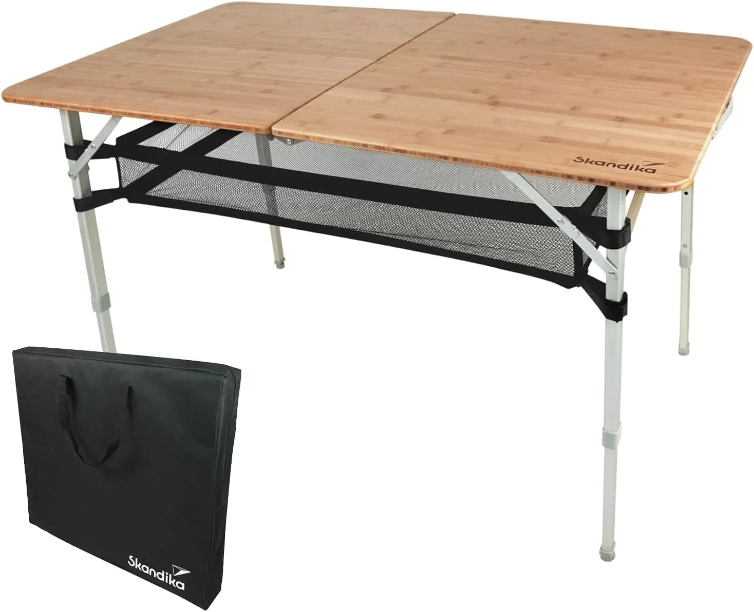Skandika Bambus Campingtisch Tolja | Faltbarer Tisch mit Netzablage, versch. Größen, 3-Fach höhenverstellbar, Alu, Holz…