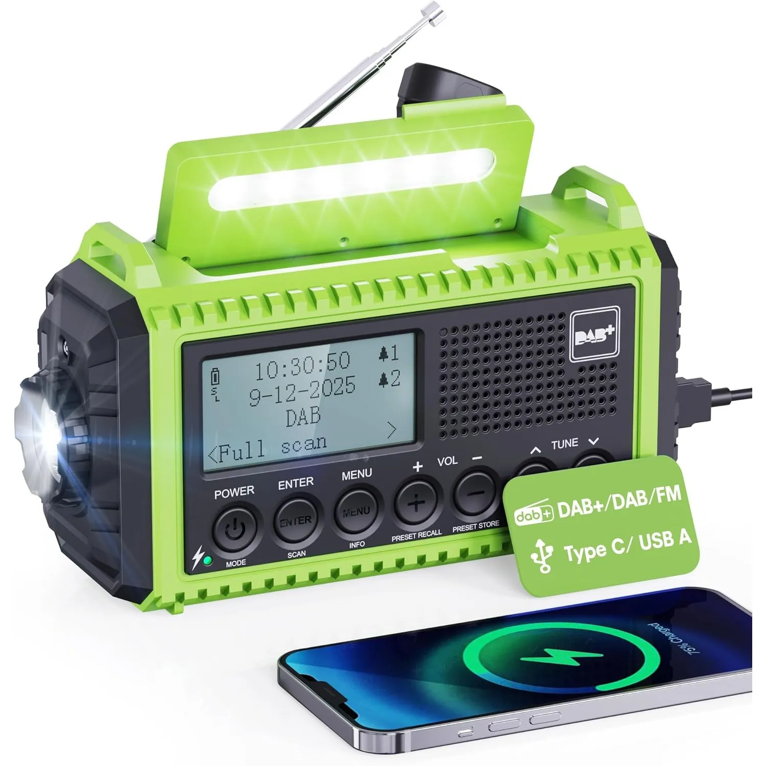 Kurbelradio DAB/UKW mit Akku 5000mAh, Tragbare Solar Radio mit LED Taschenlampe & Leselicht, DAB+ Baustellenradio RDS F…