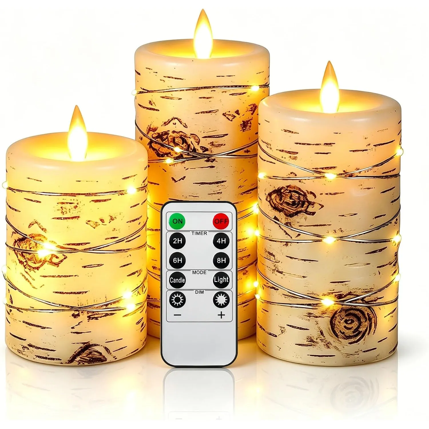 Da by LED-Kerze, Birkeneffekt, eingebettete Lichterkette, 8 cm x (12.5 cm, 15 cm, 16.5 cm), Elfenbein, echtes Wachs, St…
