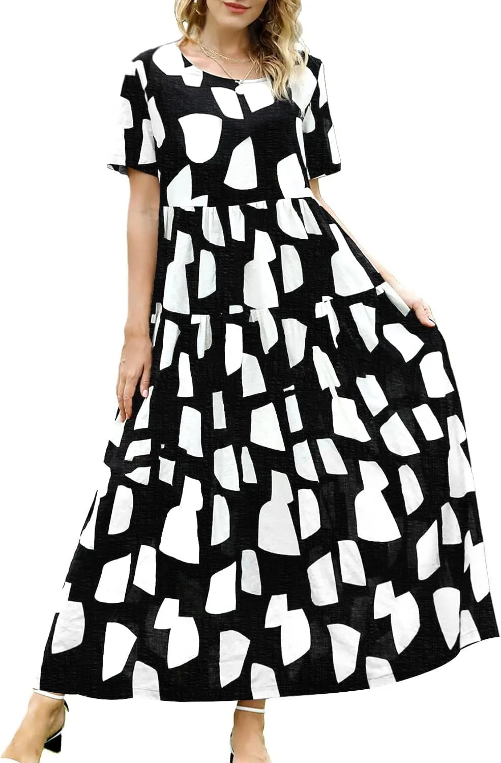 YESNO EJFDE Women's Casual Loose Summer Dress, Long Boho Round Neck Maxi Dress, Beach Dress, Flower Dress