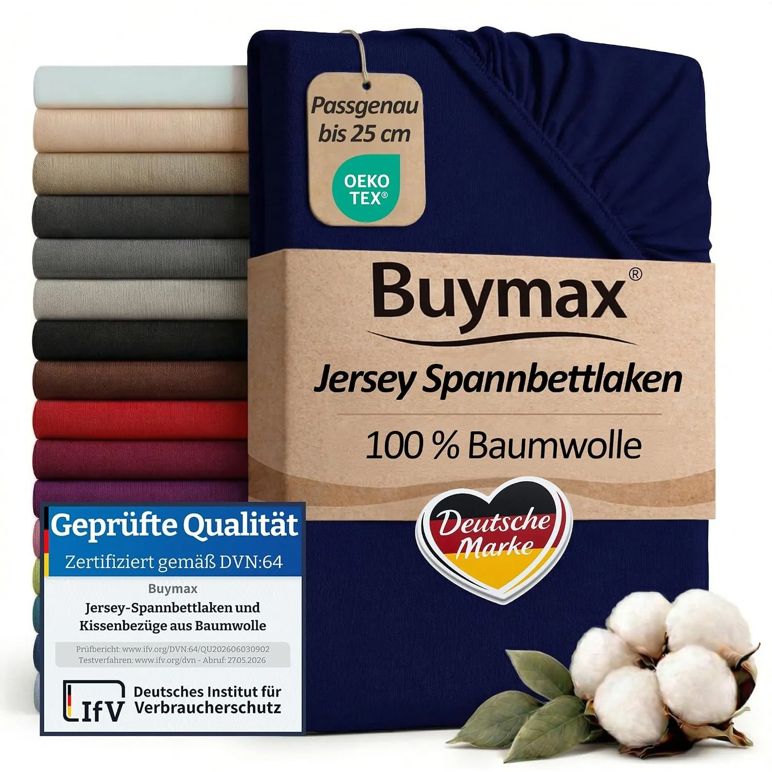 Buymax Spannbettlaken 90x200cm Baumwolle 100% Spannbetttuch Bettlaken Jersey, Matratzenhöhe bis 25 cm, Farbe Marineblau