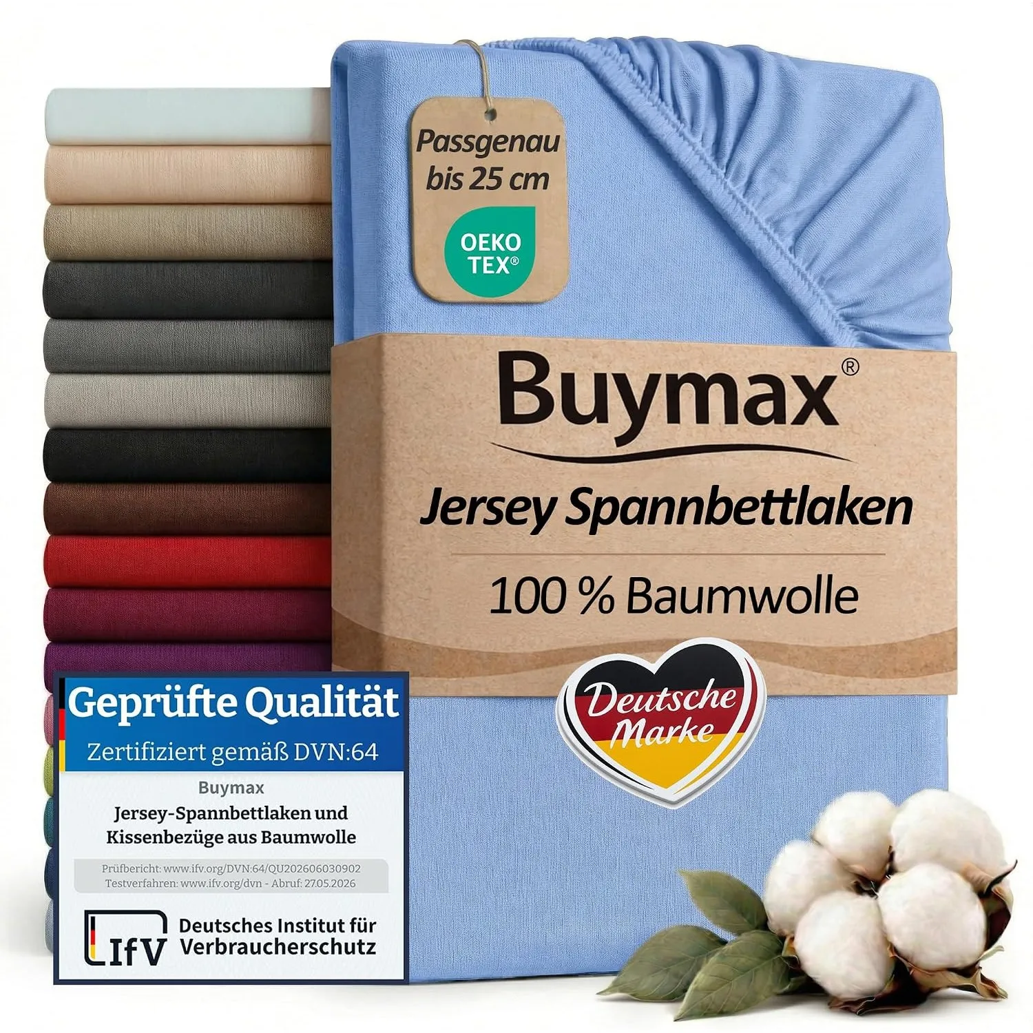 Buymax Spannbettlaken 90x200cm Baumwolle 100% Spannbetttuch Bettlaken Jersey, Matratzenhöhe bis 25 cm, Farbe Hellblau