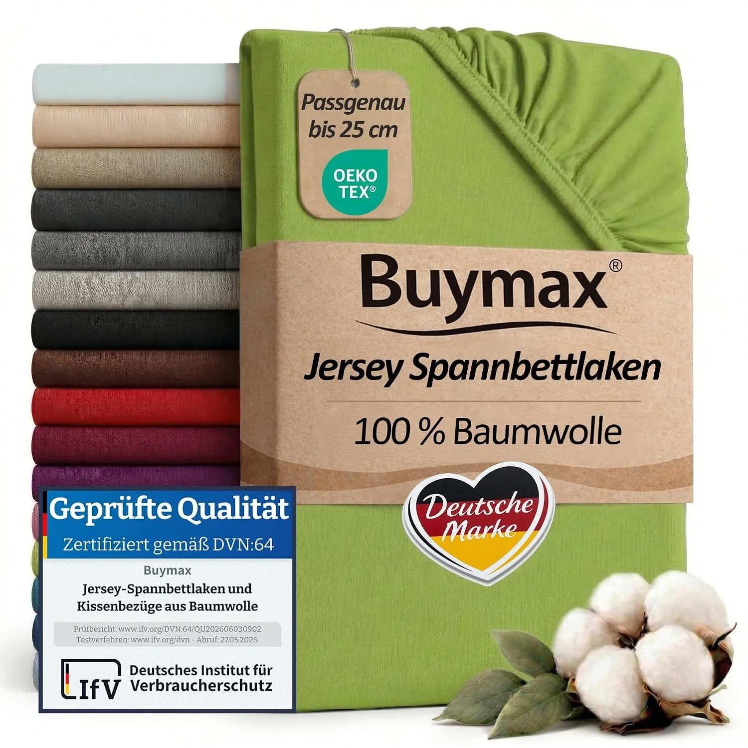 Buymax Spannbettlaken 140x200cm Baumwolle 100% Spannbetttuch Bettlaken Jersey, Matratzenhöhe bis 25 cm, Farbe Apfelgrün