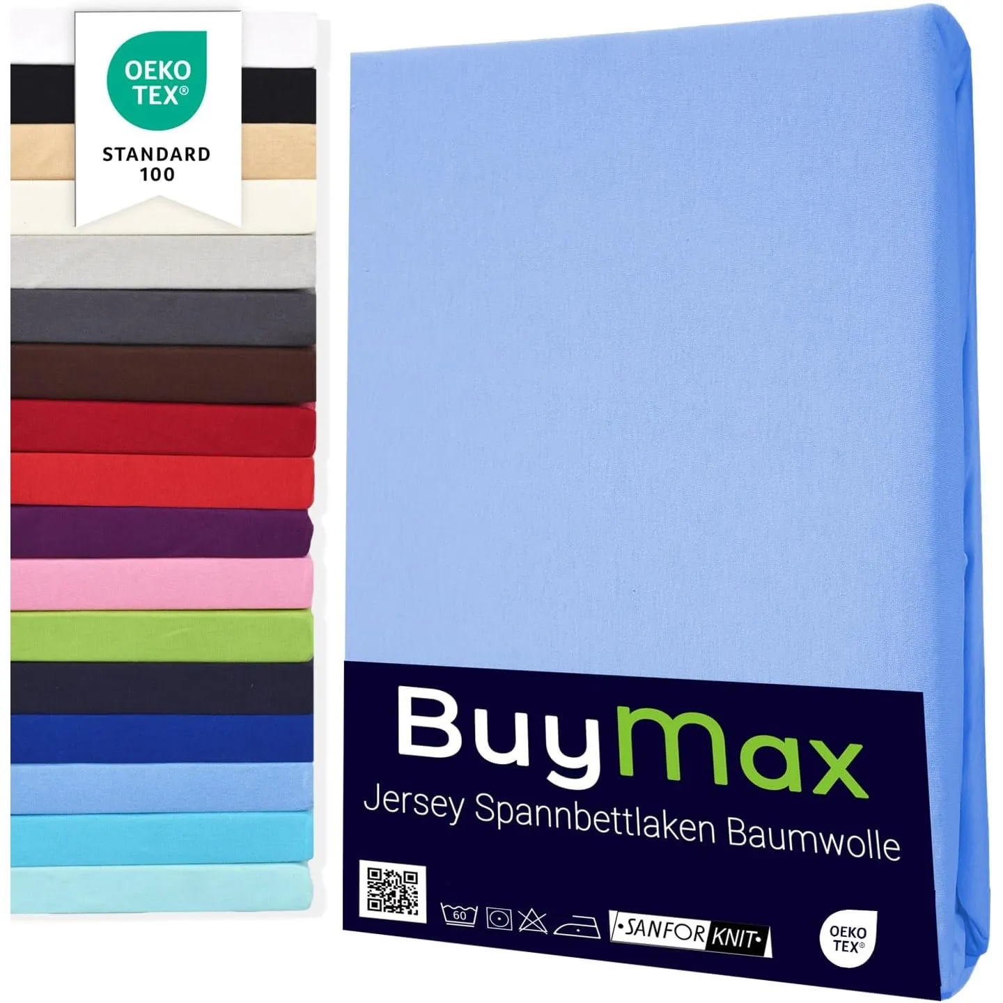 Buymax Spannbettlaken 140x200cm Baumwolle 100% Spannbetttuch Bettlaken Jersey, Matratzenhöhe bis 25 cm, Farbe Hellblau