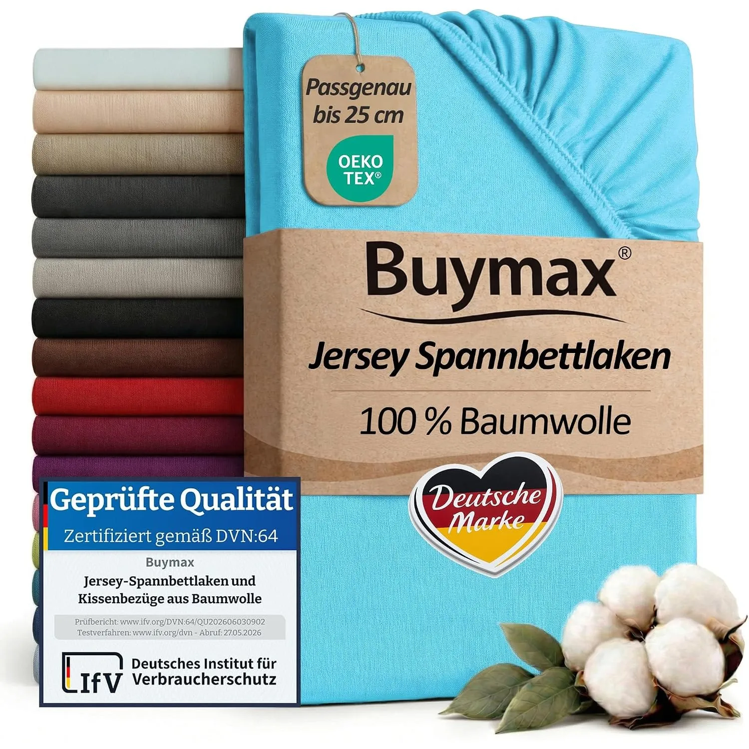 Buymax Spannbettlaken 90x200cm Baumwolle 100% Spannbetttuch Bettlaken Jersey, Matratzenhöhe bis 25 cm, Farbe Türkis