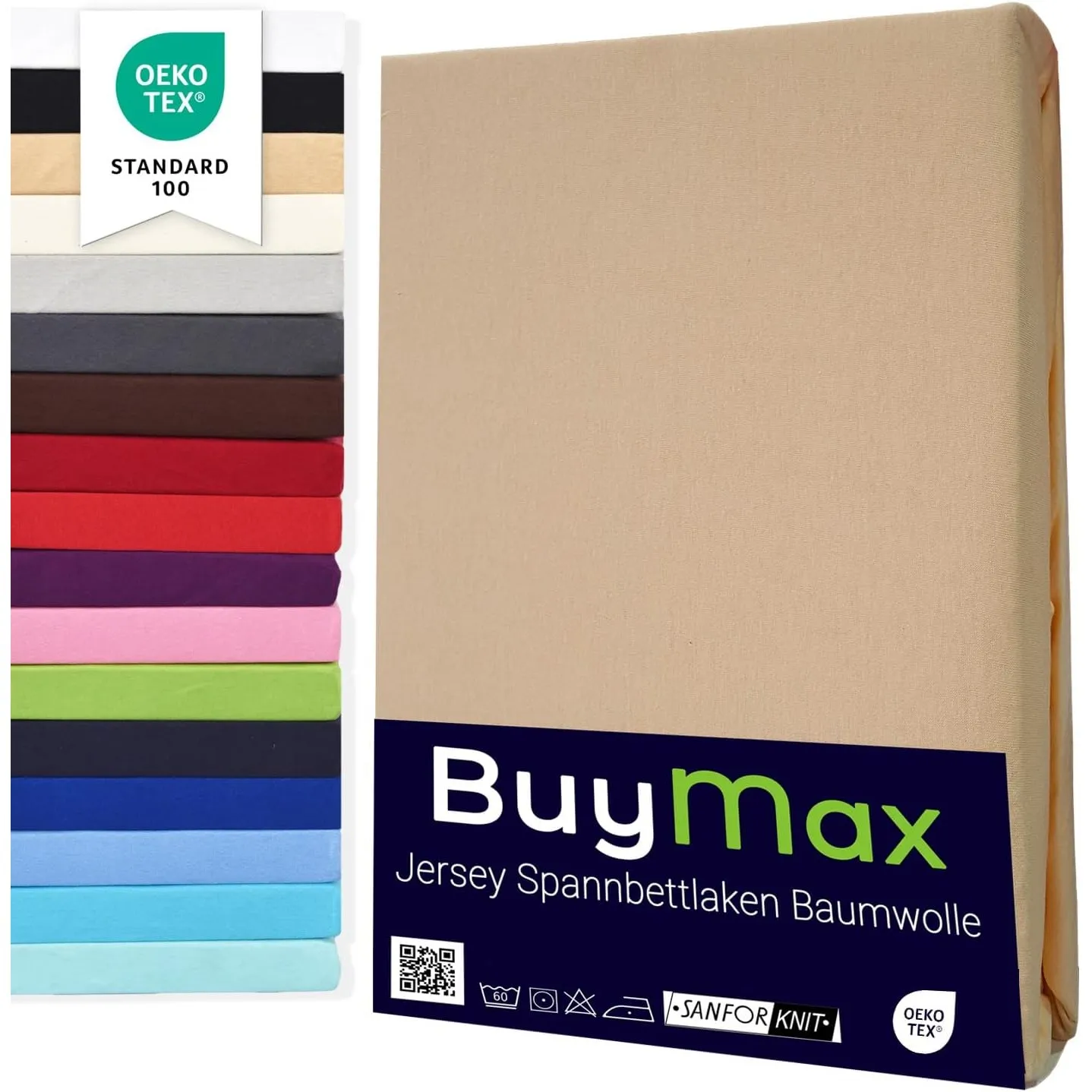 Buymax Spannbettlaken 180x200cm Baumwolle 100% Spannbetttuch Bettlaken Jersey, Matratzenhöhe bis 25 cm, Farbe Sand