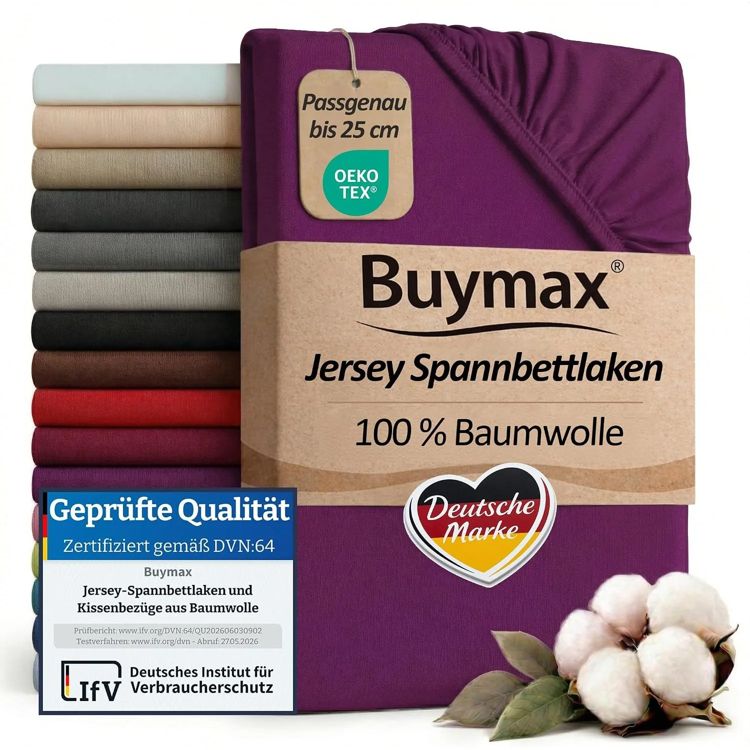 Buymax Spannbettlaken 140x200cm Baumwolle 100% Spannbetttuch Bettlaken Jersey, Matratzenhöhe bis 25 cm, Farbe Aubergine