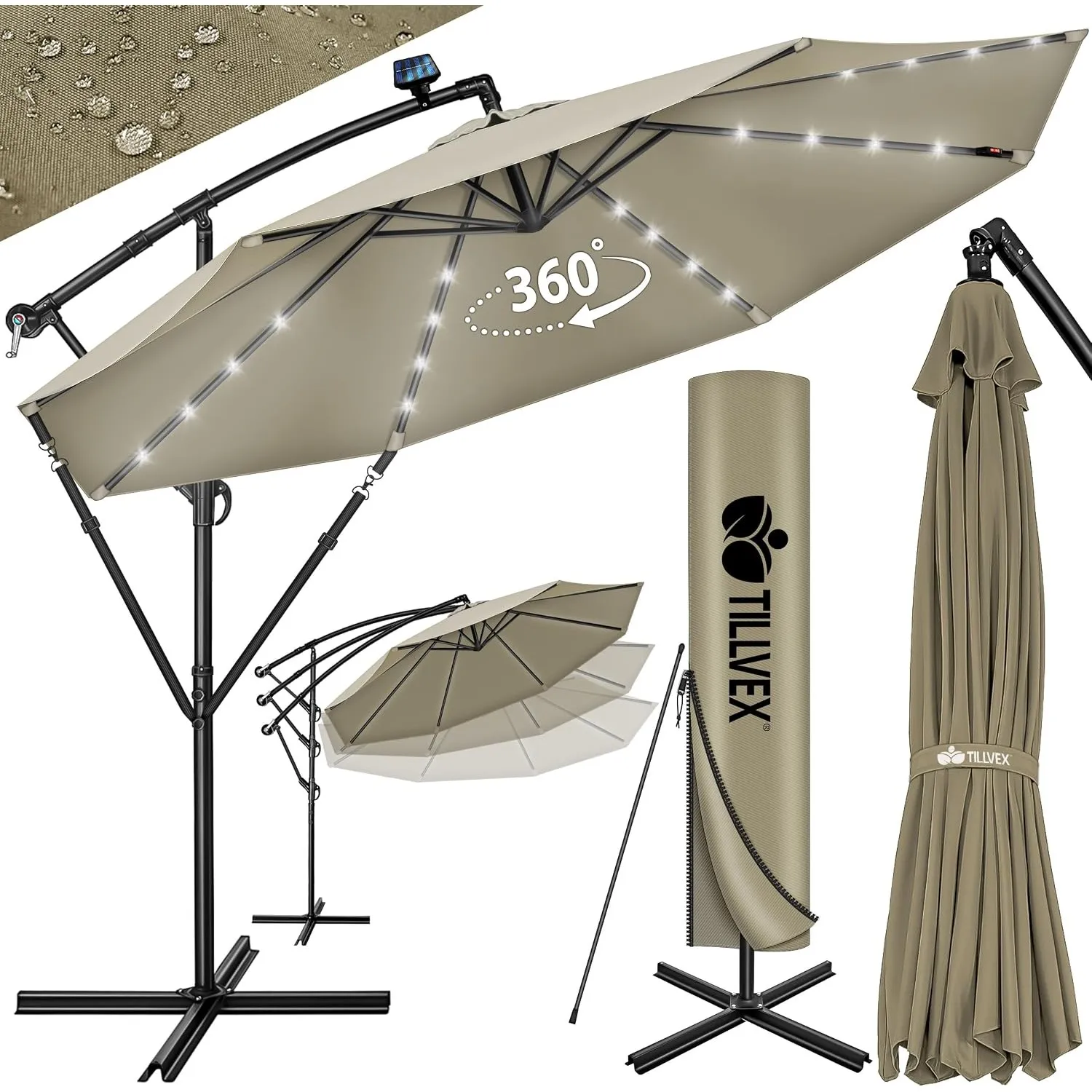 tillvex® Sonnenschirm Solar Ø 300/350 cm + Abdeckung & LED Beleuchtung | Ampelschirm mit Kurbel & Ständer | Gartenschir…