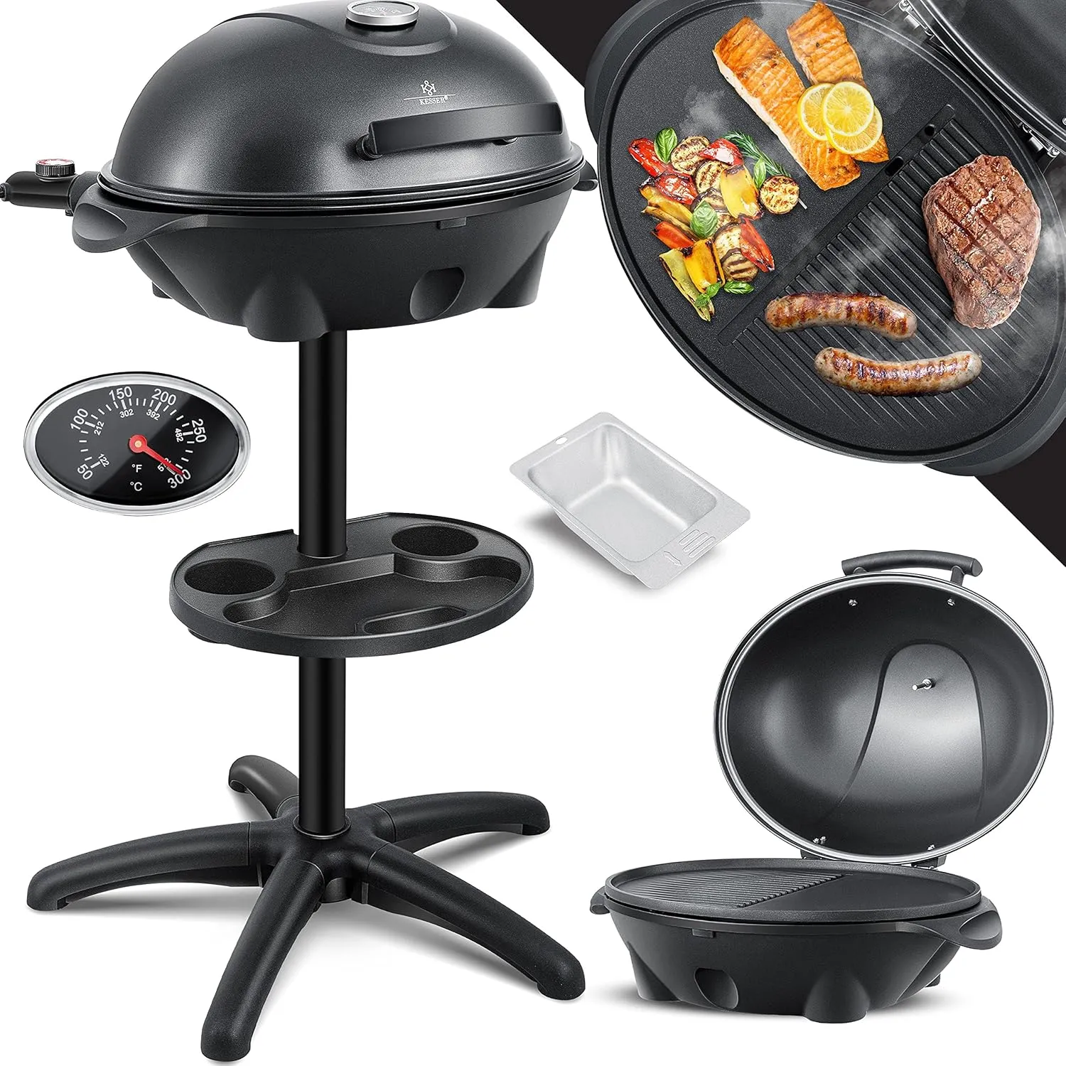 KESSER® elektrischer Elektrogrill 2in1 Tischgrill - Standgrill mit Deckel Standfuß | max. 2400 Watt Thermometer | Antih…