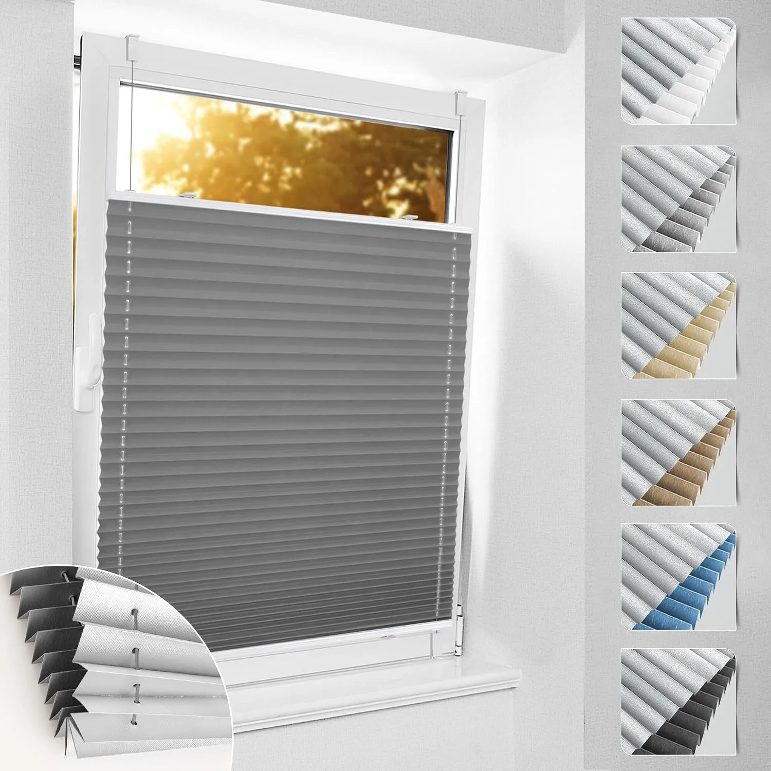 bobodeco Plissee ohne Bohren Verdunkelung Klemmfix, Grau 105x120 cm(BxH) Verdunklungsplissee Thermo Plissees 100% Verdu…
